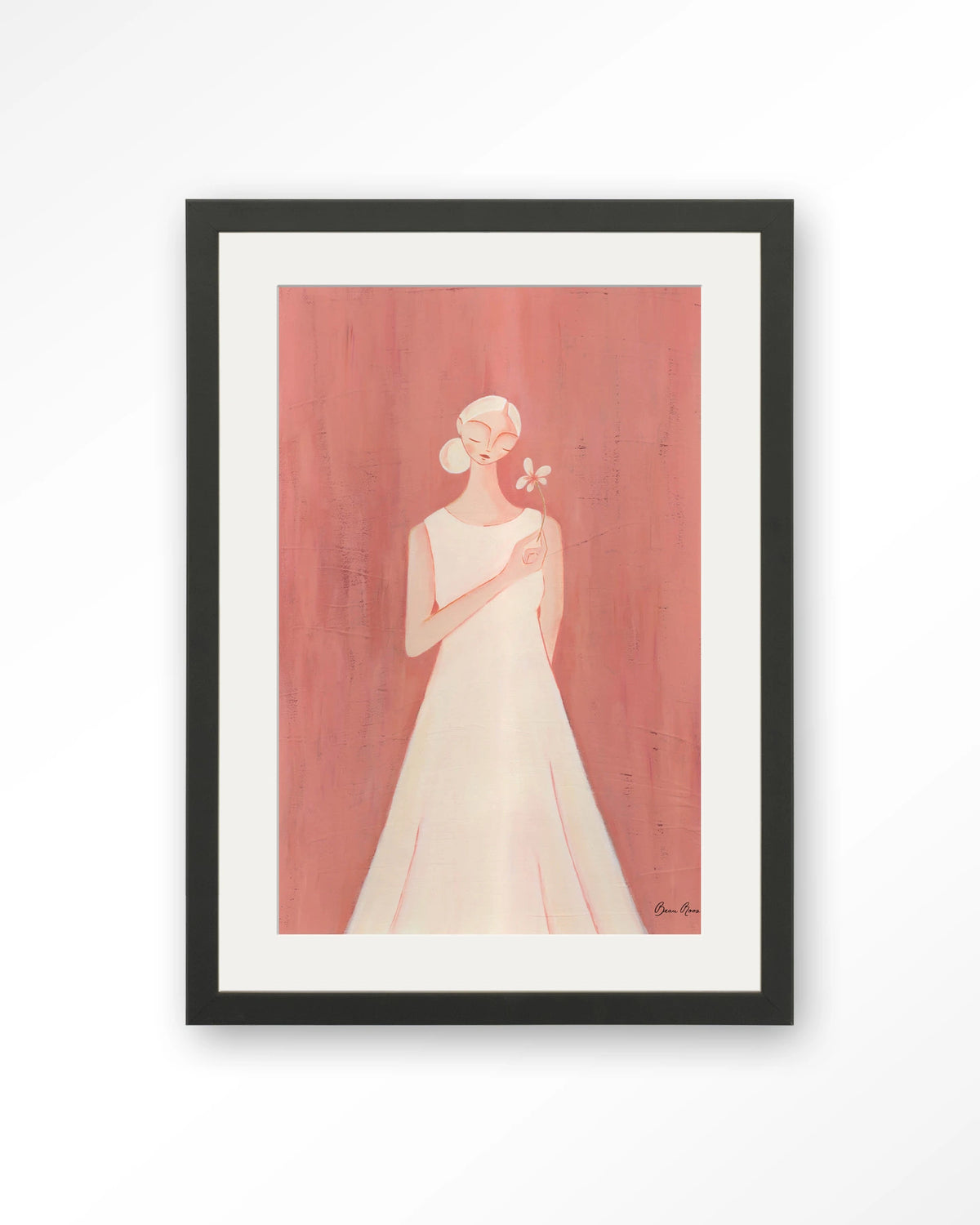 Polly – vrouw in witte jurk op roze achtergrond – Art print – Hout zwart + passe-partout