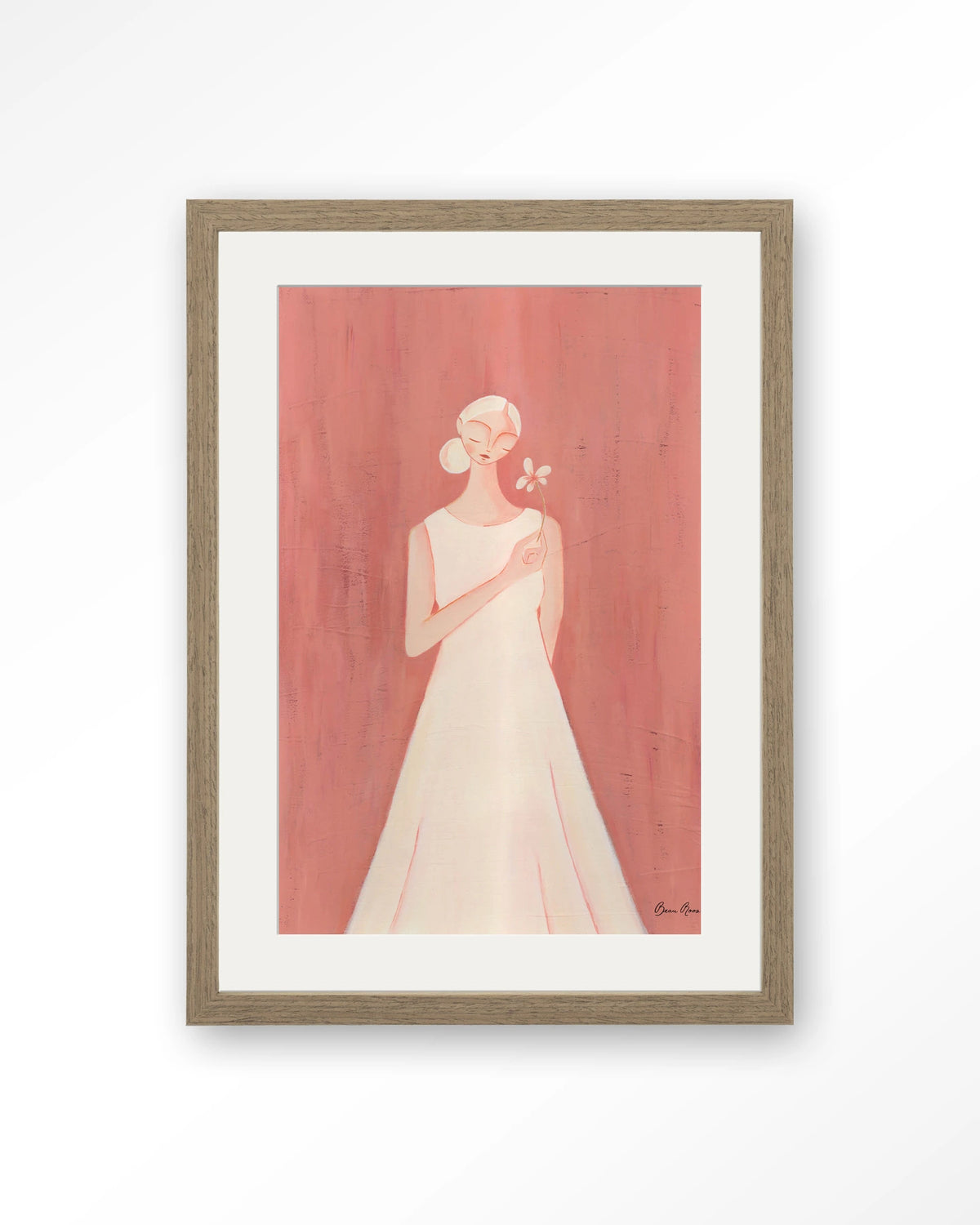 Polly – vrouw in witte jurk op roze achtergrond – Art print – Hout bruin + passe-partout