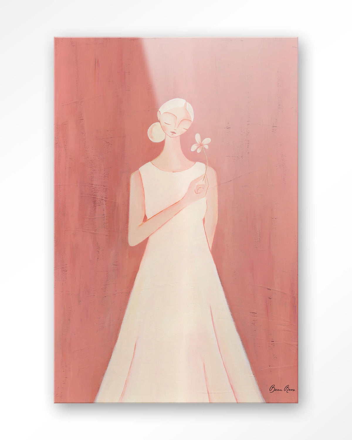 Polly – vrouw in witte jurk op roze achtergrond – Glas – Blinde montage