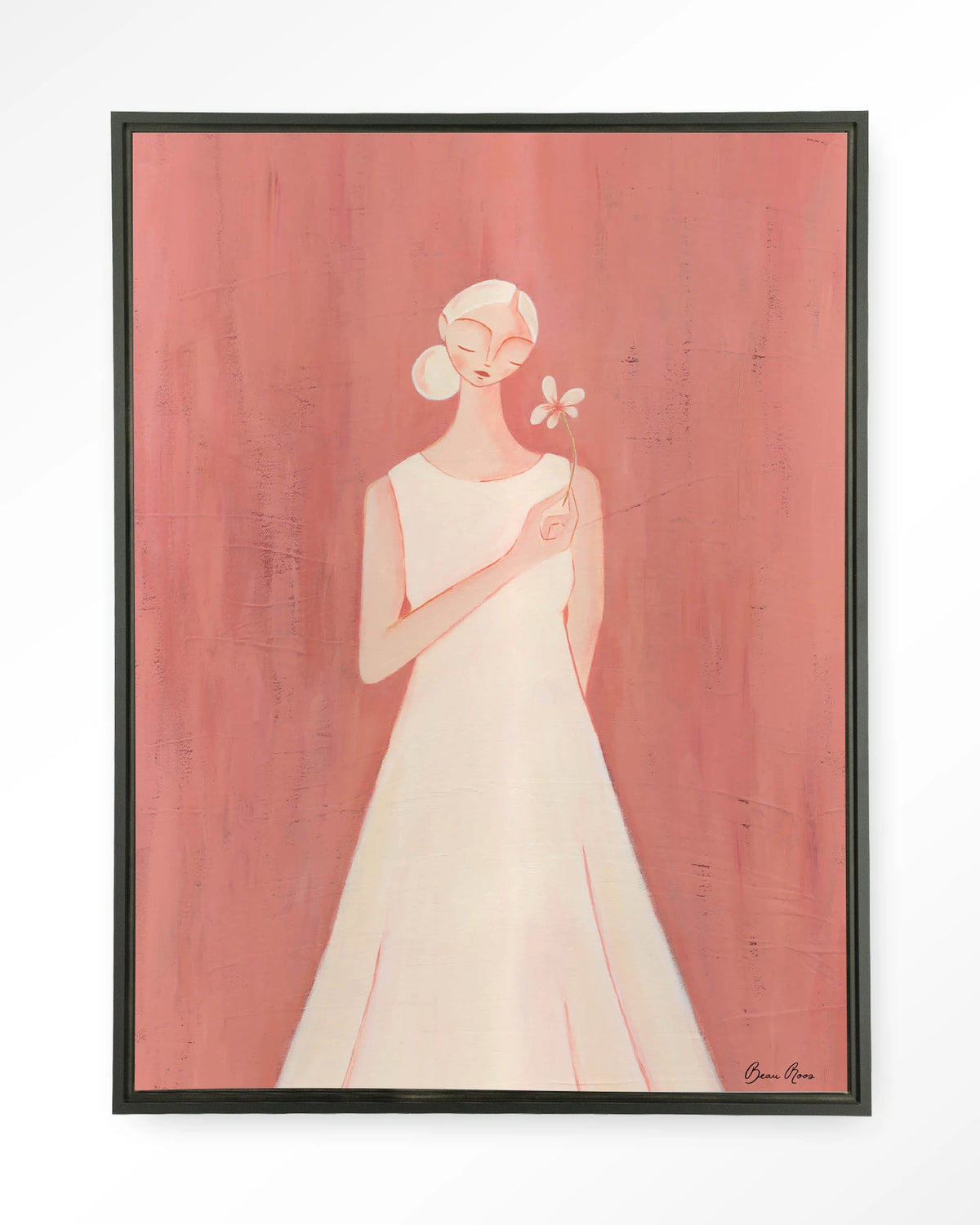 Polly – vrouw in witte jurk op roze achtergrond – Wandkleed – Floating frame – zwart