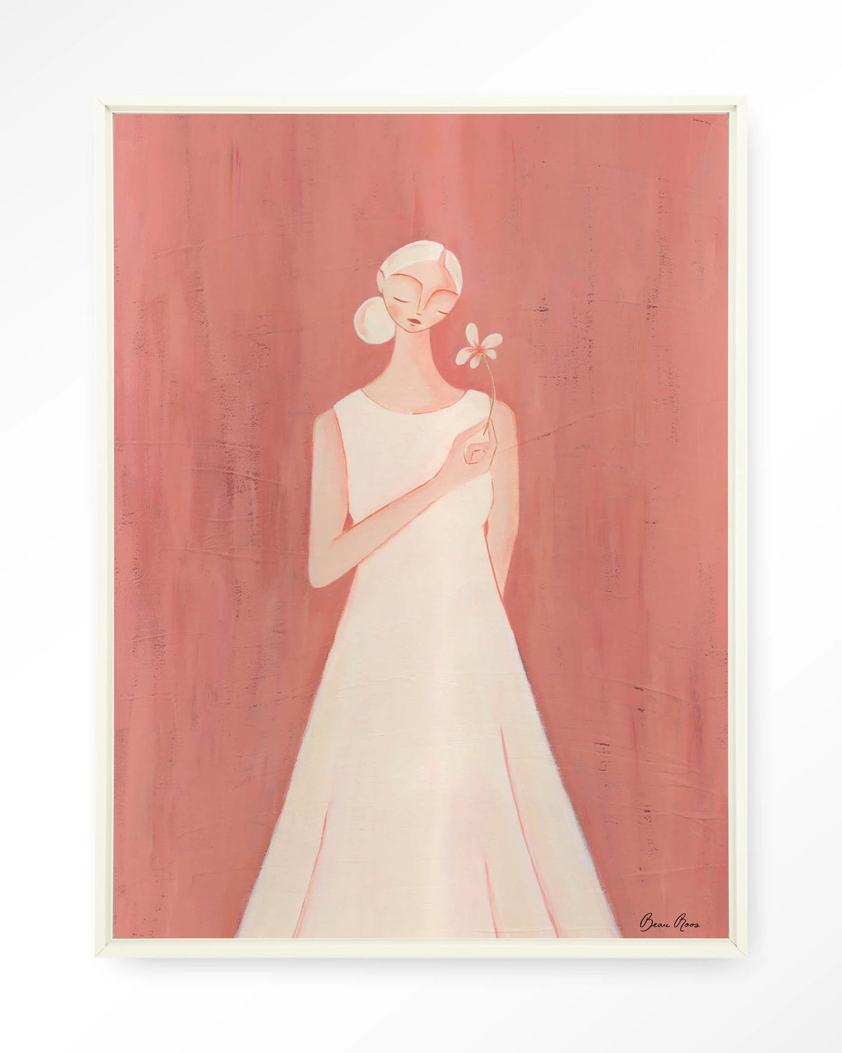 Polly – vrouw in witte jurk op roze achtergrond – Wandkleed – Floating frame – wit
