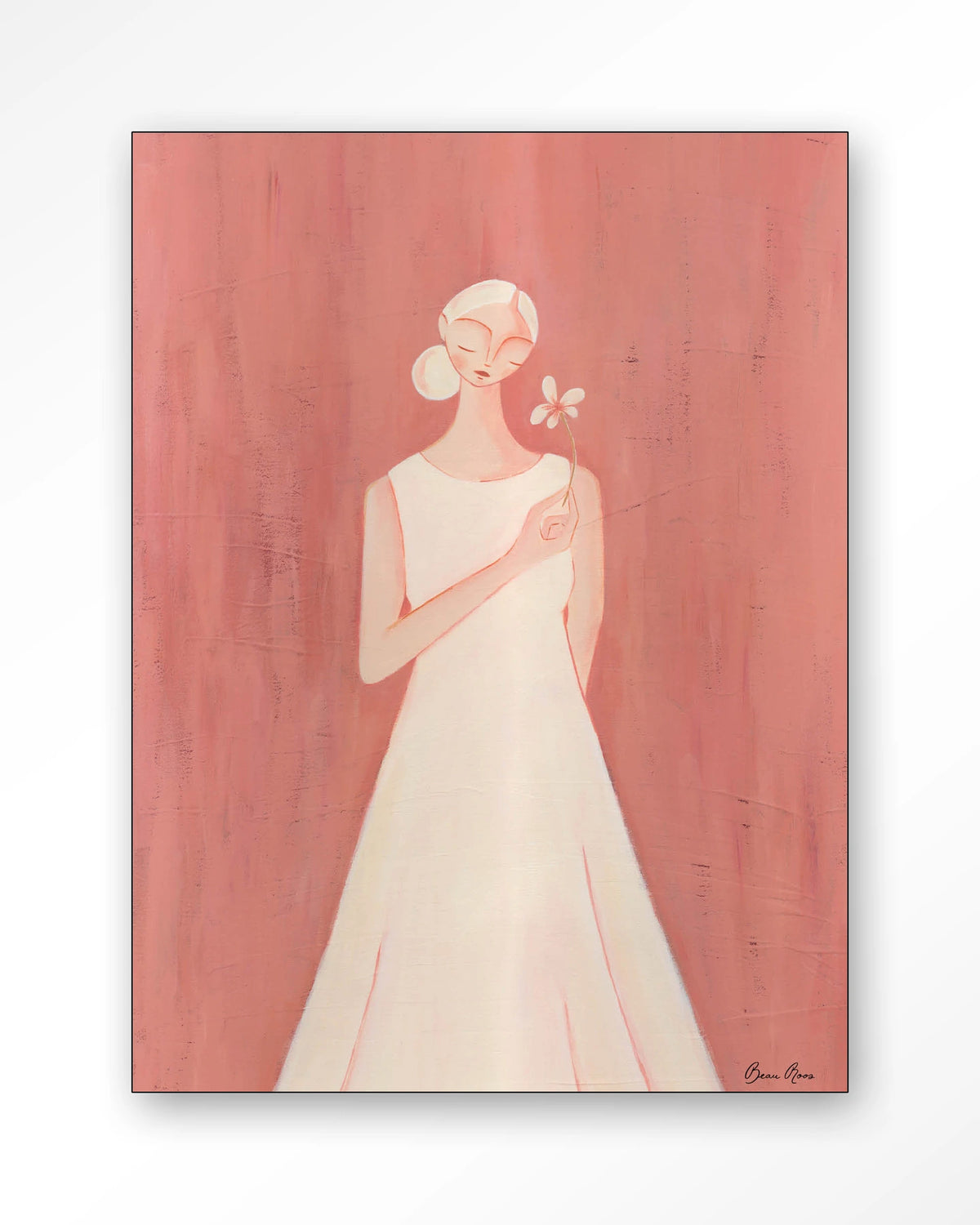 Polly – vrouw in witte jurk op roze achtergrond – Wandkleed – Frame – zwart