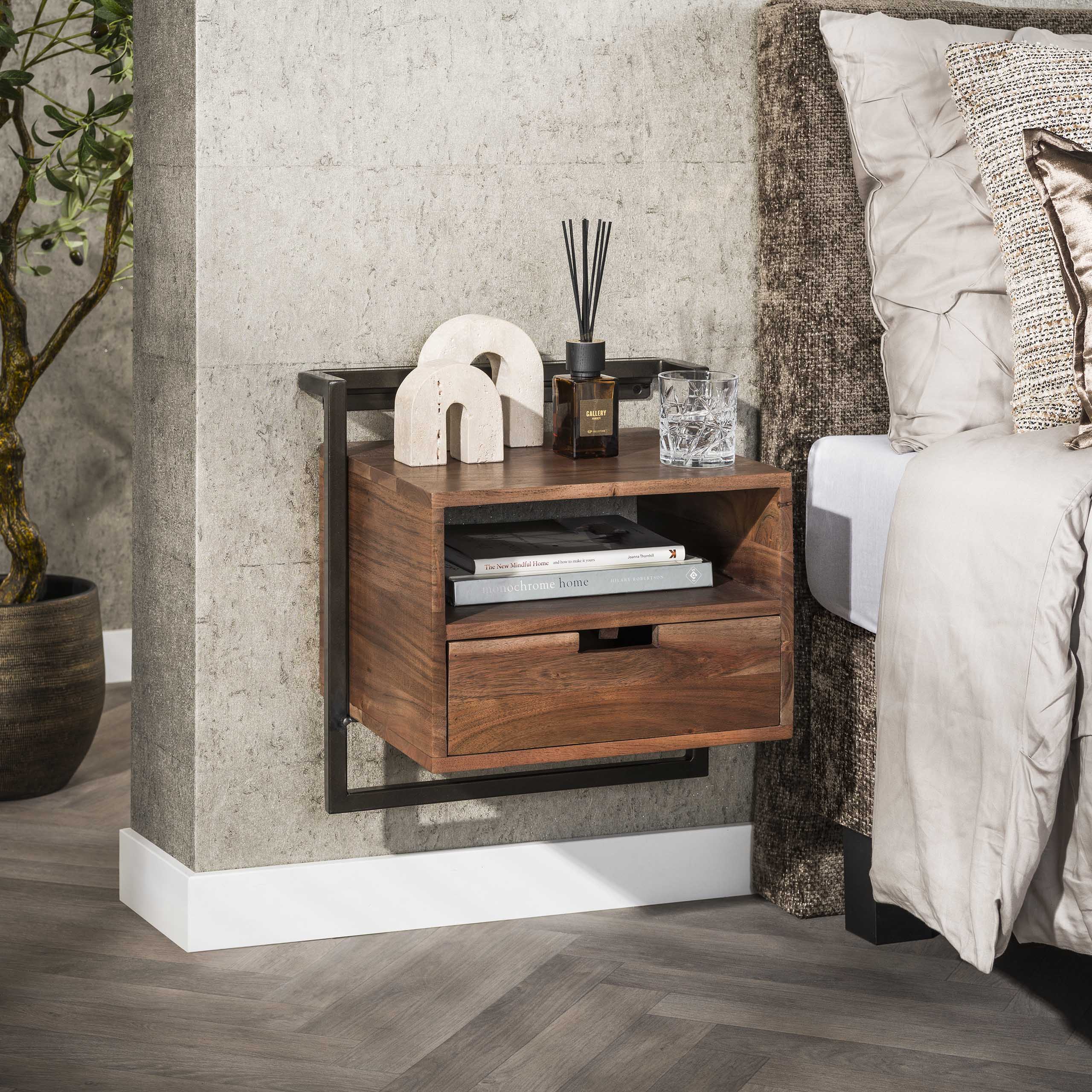 Nachtkastje Air Solid open vak 1 lade / Massief acacia bruin