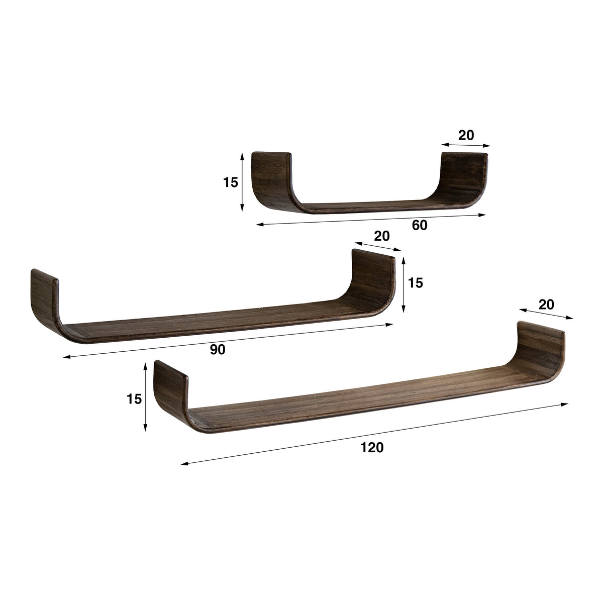 Wandplank Maya Teak U-shape set van 3 / Massief teak espresso