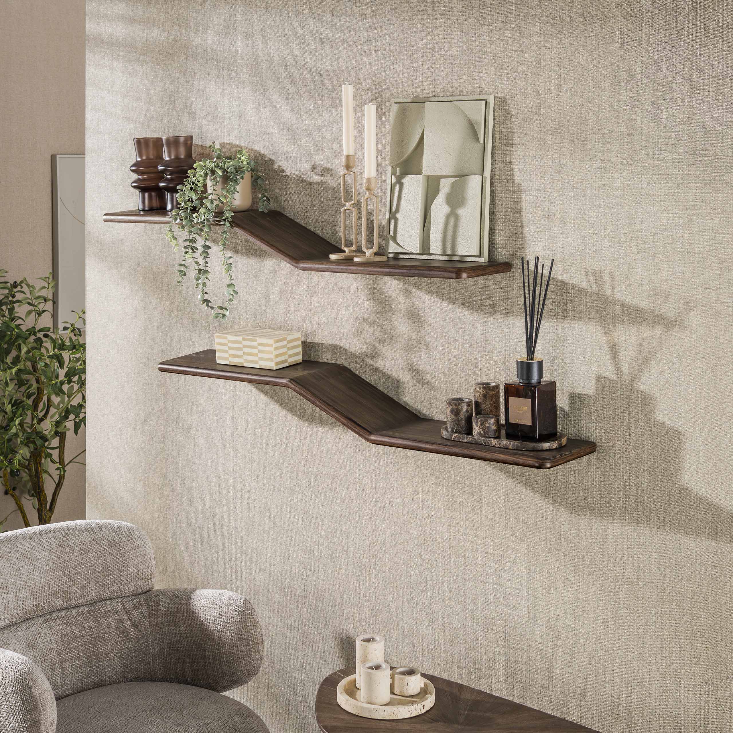 Wandplank Maya Teak S-shape set van 2 / Massief teak espresso