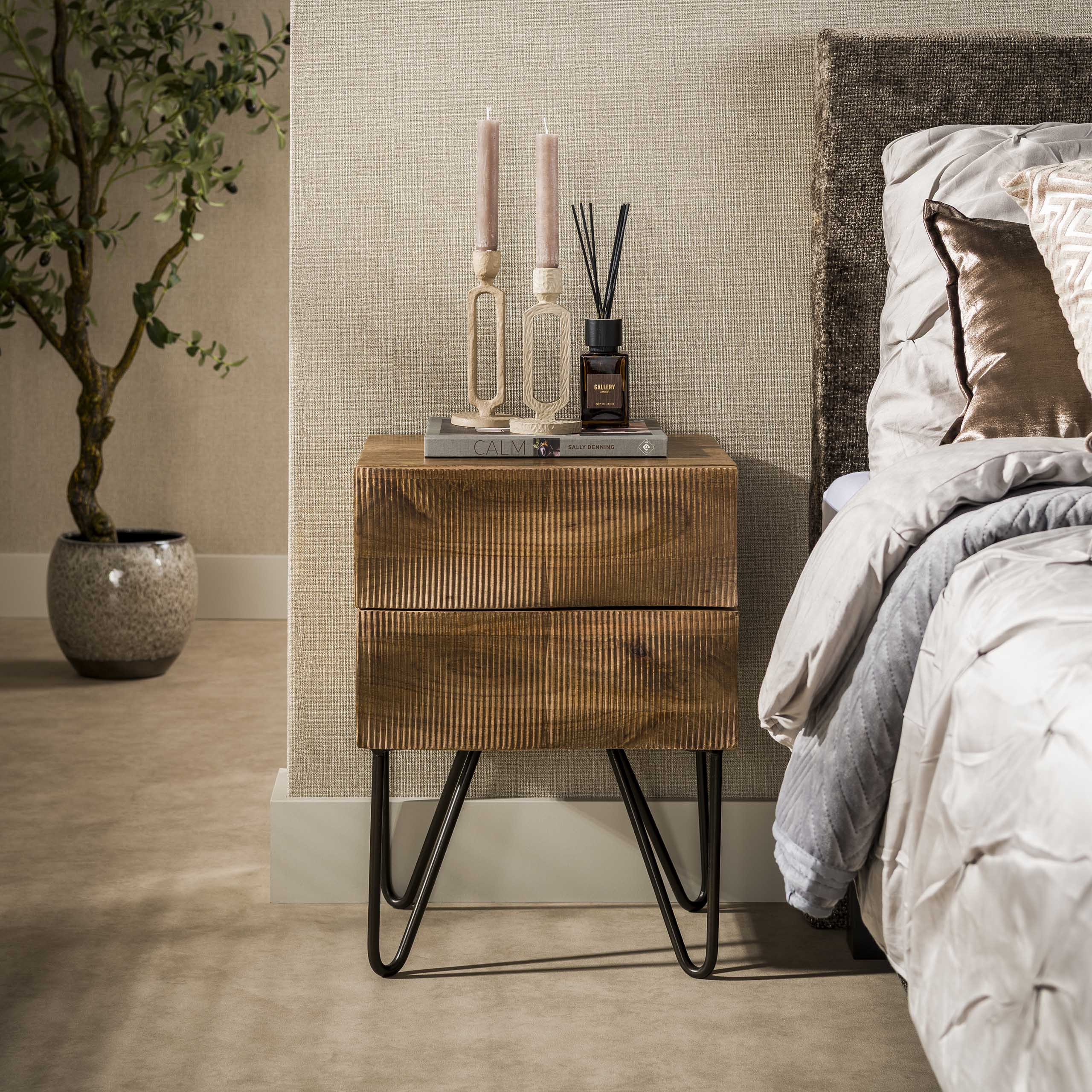 Nachtkastje Ocean 2 Lades Massief Mango Zand