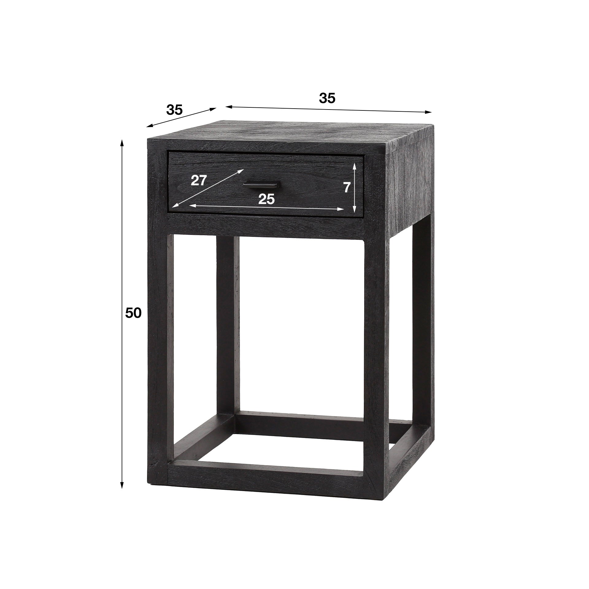 Nachtkastje Black Square 1 Lade Massief Acacia Zwart