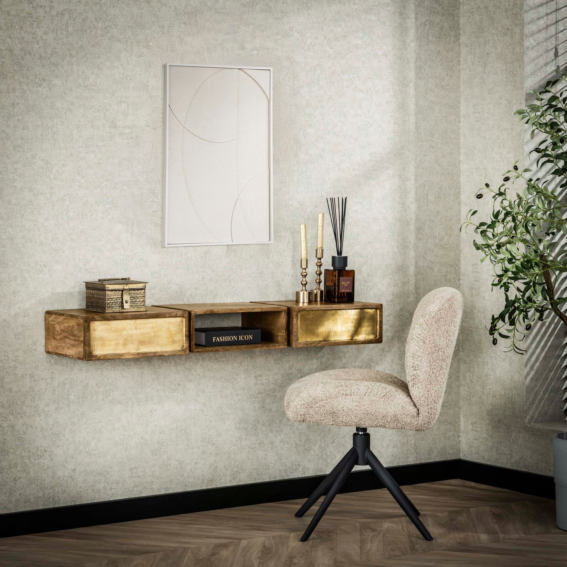 Kaptafel Brass 2 lades / Massief mango zand