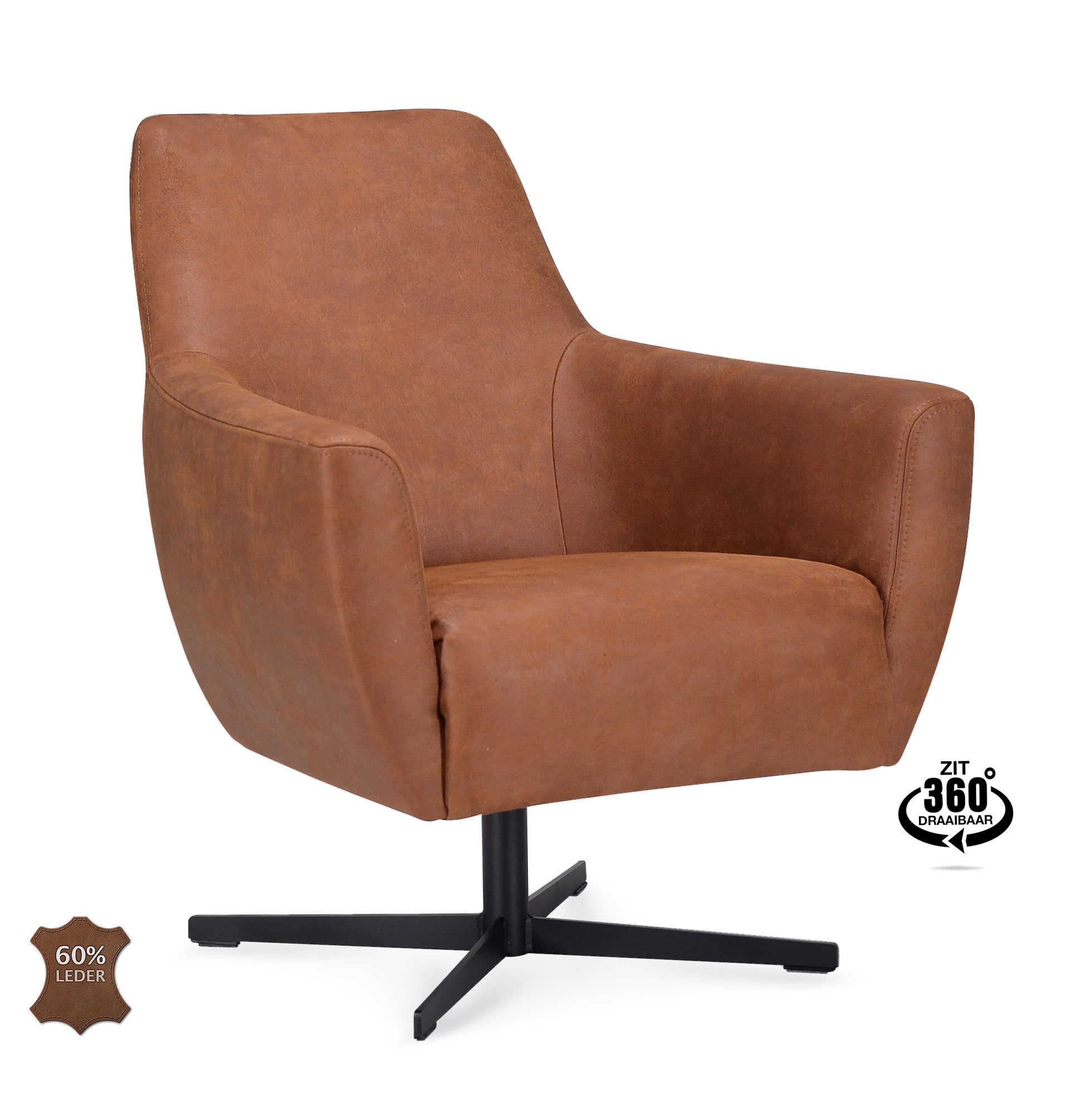 Fauteuil Harbour Microleder Bull Camel Poot Zwart 360° Draaibaar