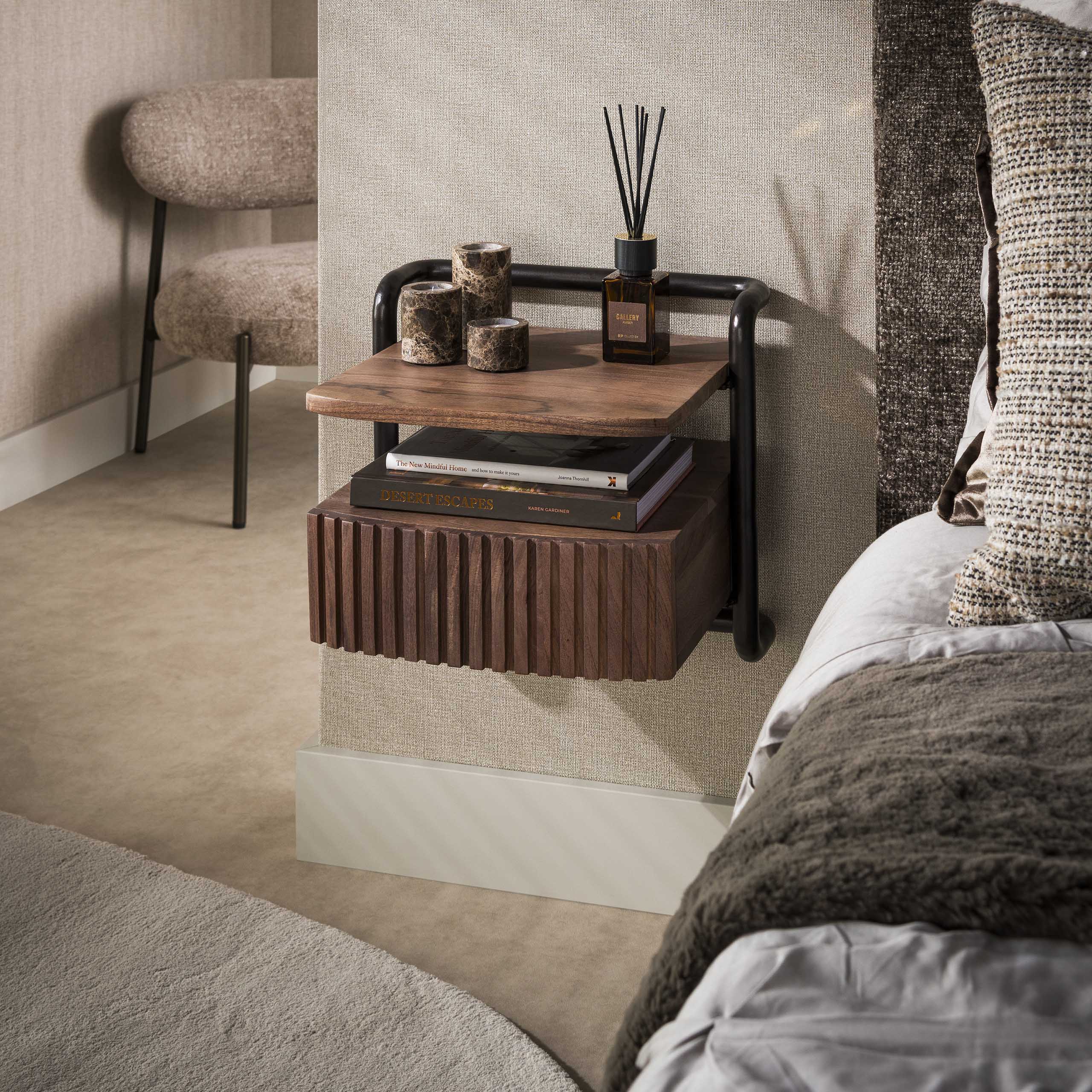 Nachtkastje Linea zwevend 1 lade / Massief acacia bruin