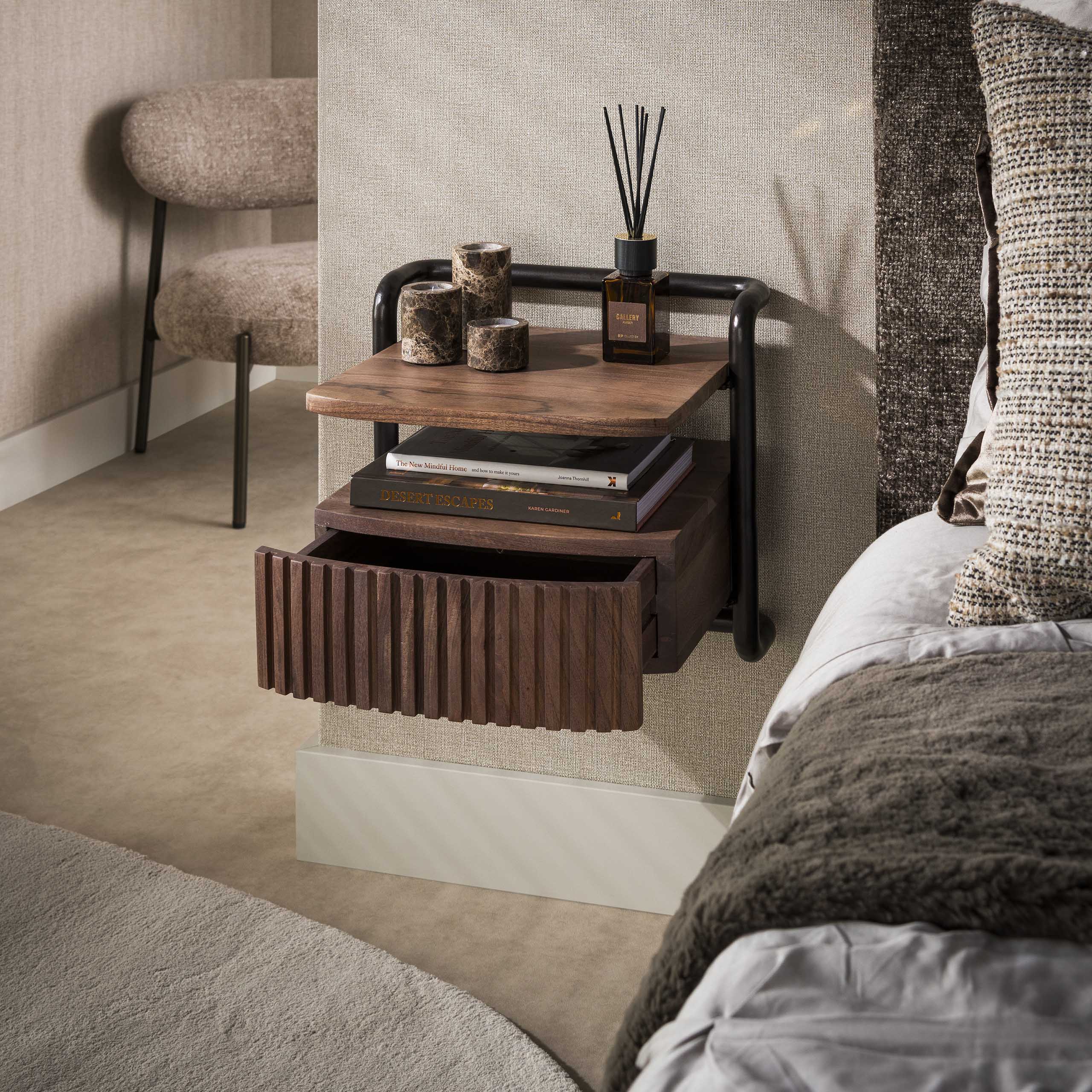 Nachtkastje Linea zwevend 1 lade / Massief acacia bruin