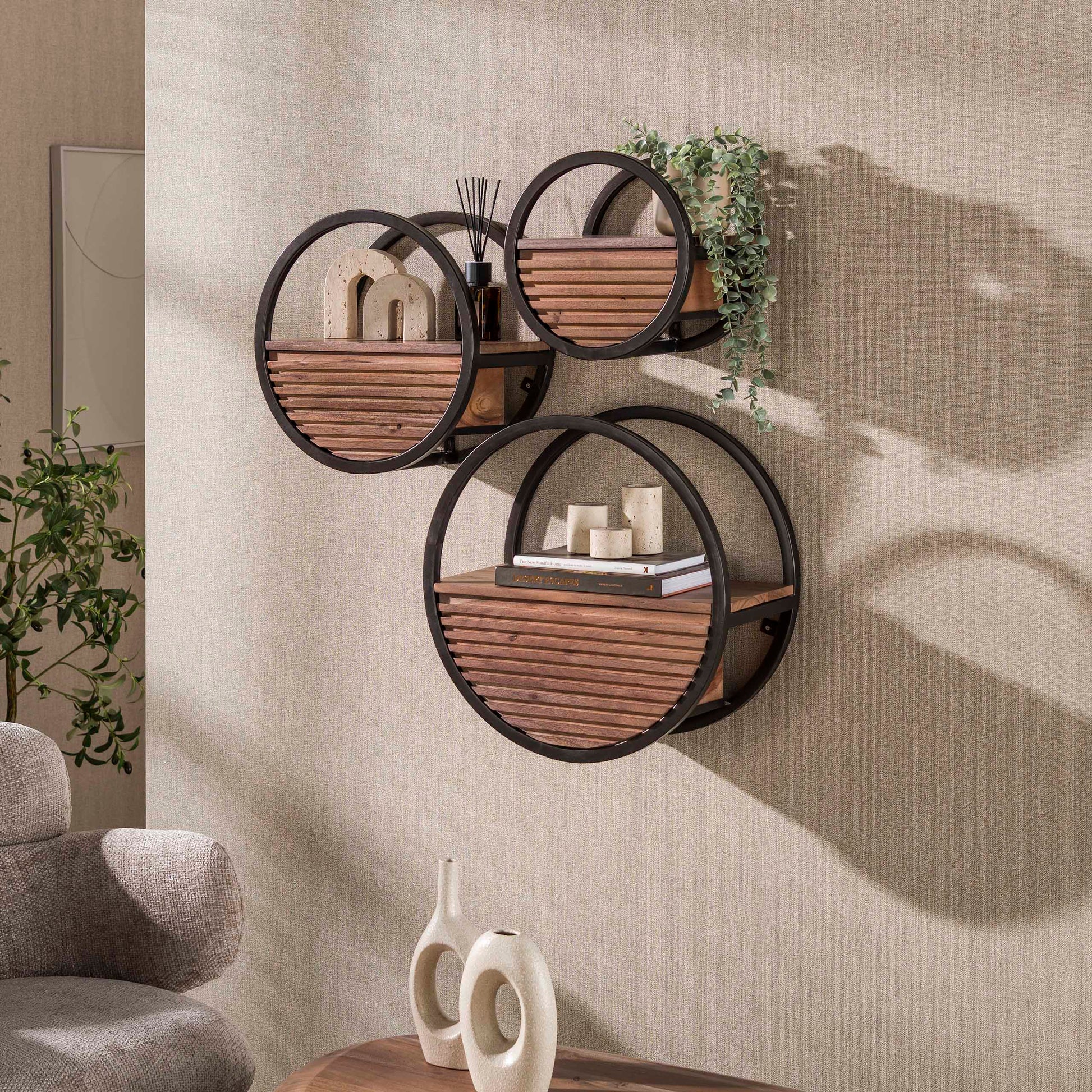 Wandschap Circular 1 lade Ø30cm / Massief acacia bruin