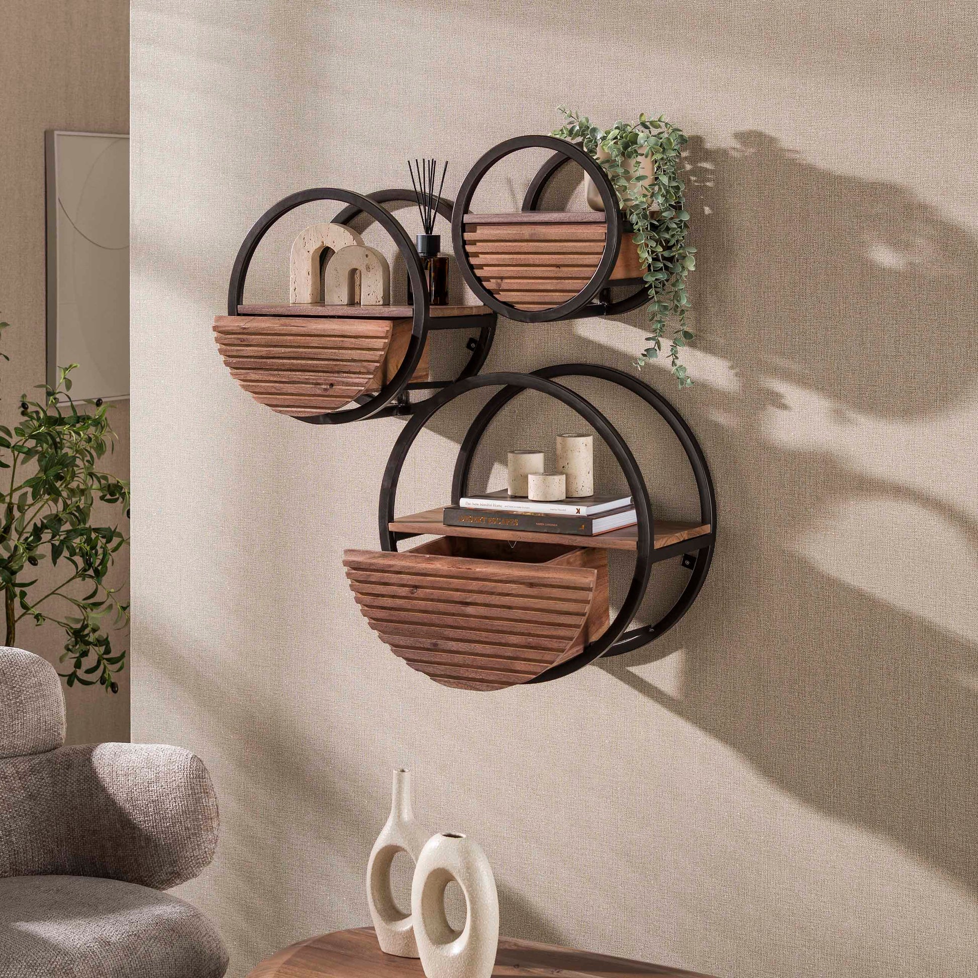 Wandschap Circular 1 lade Ø30cm / Massief acacia bruin