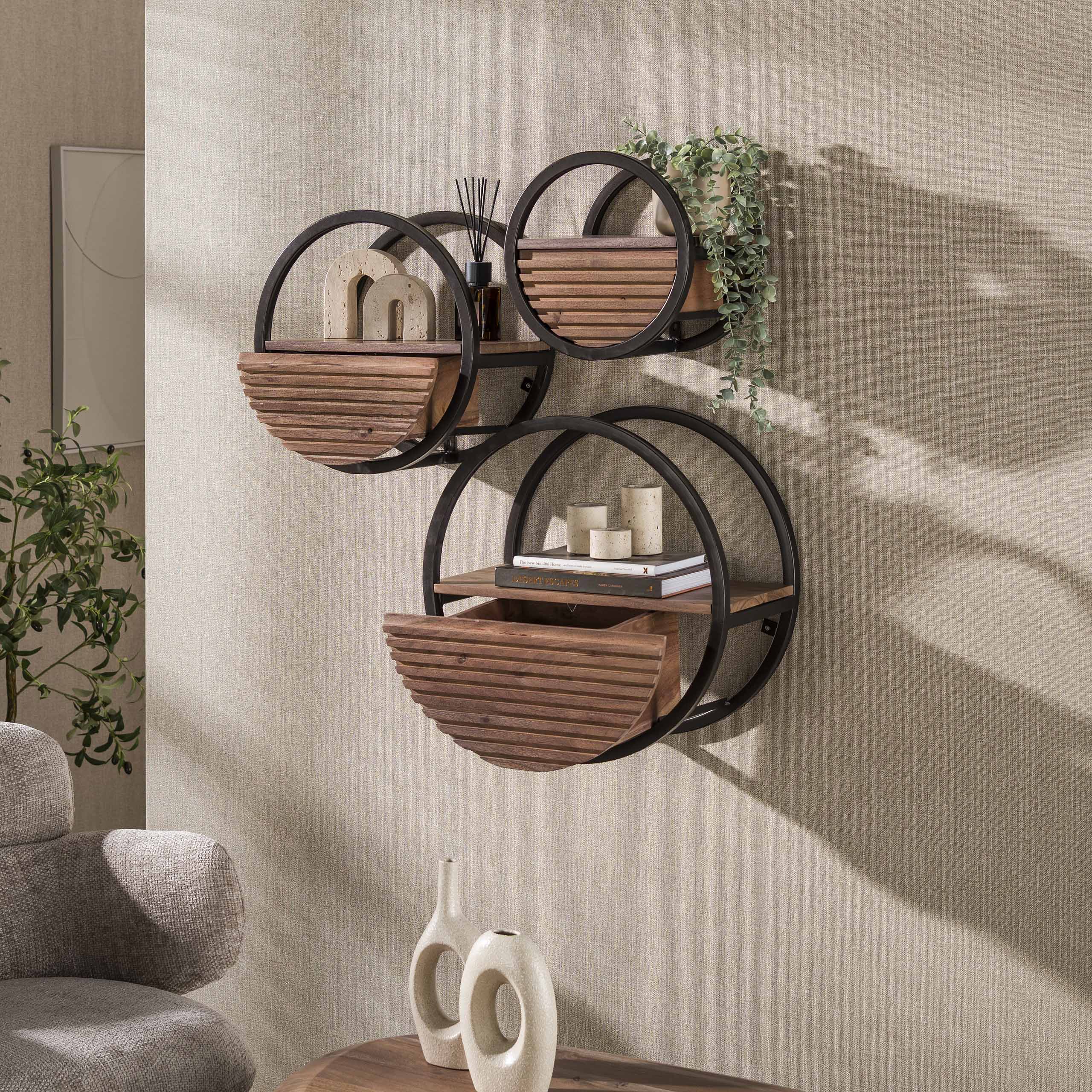 Wandschap Circular 1 lade Ø30cm / Massief acacia bruin