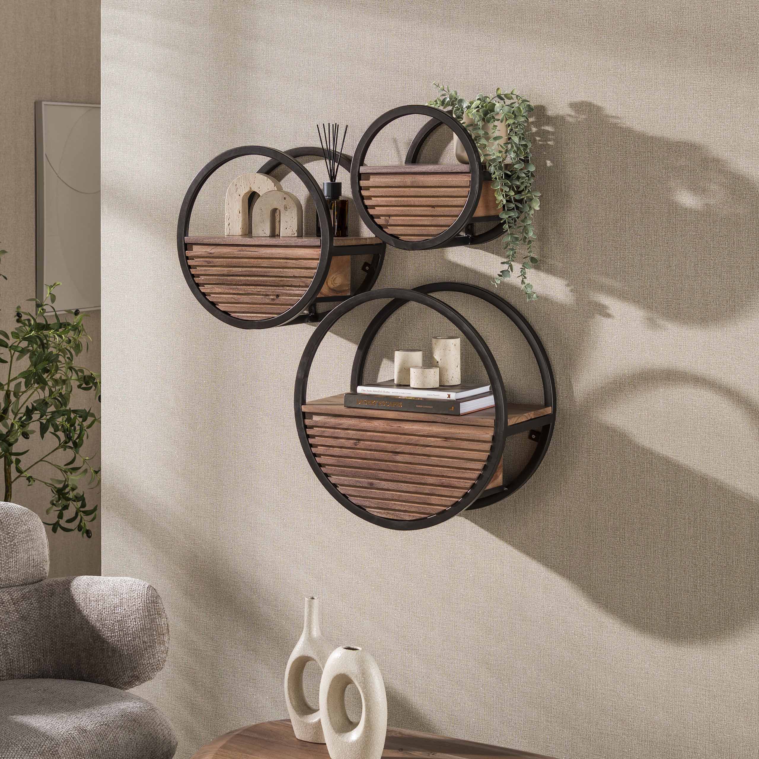 Wandschap Circular 1 lade Ø40cm / Massief acacia bruin