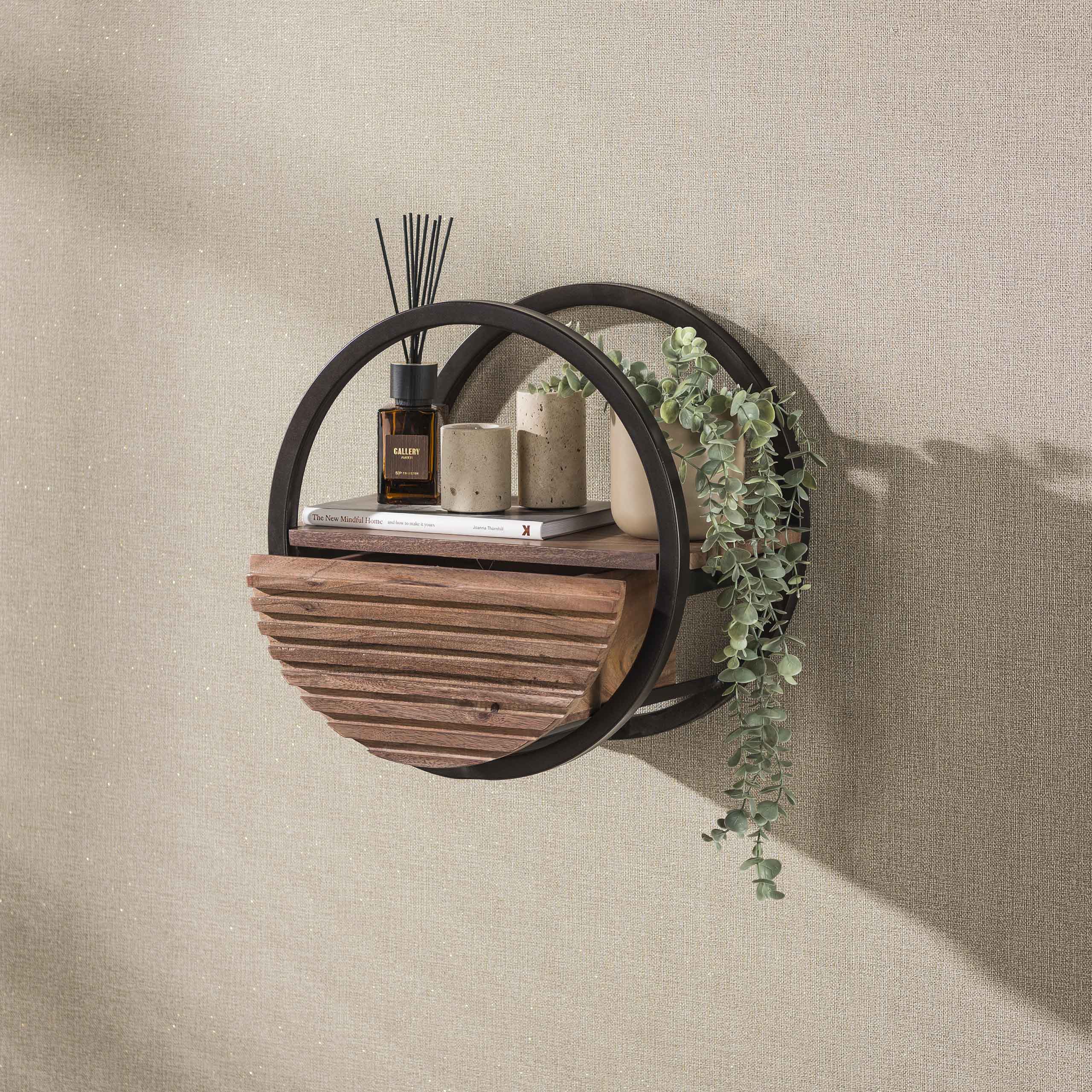 Wandschap Circular 1 lade Ø40cm / Massief acacia bruin