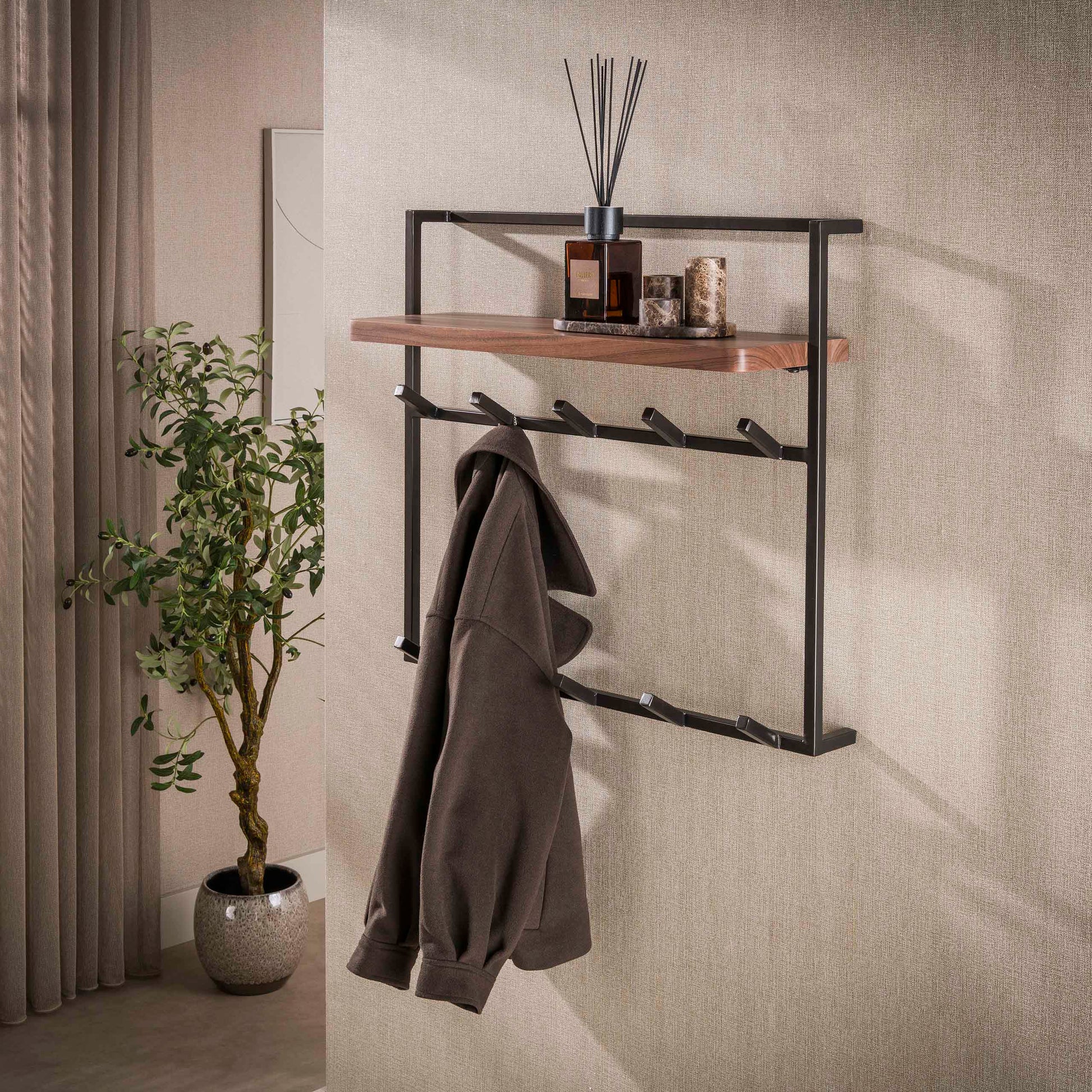 Kapstok Air Pure hoog 2x6 haken / Massief acacia bruin