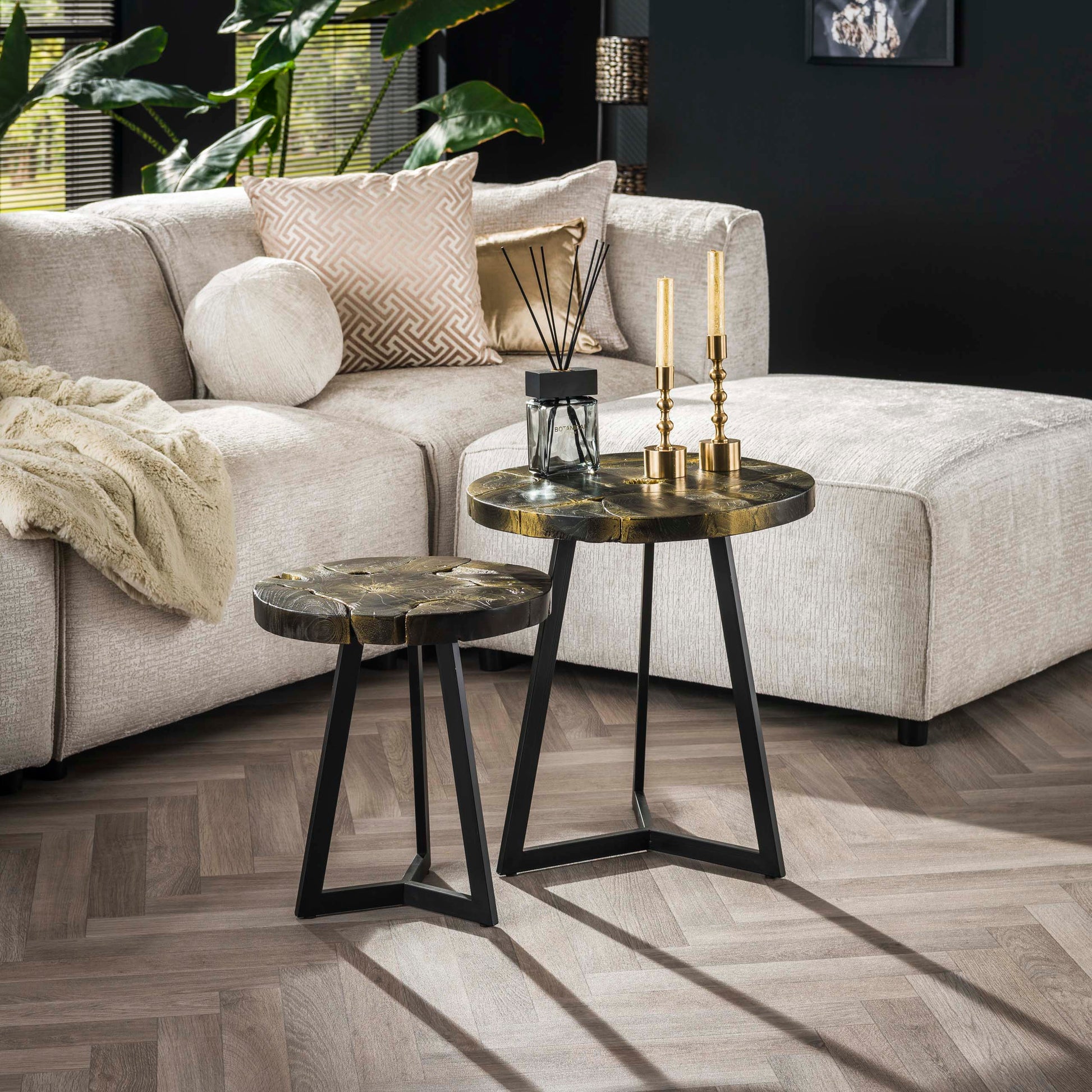 Salontafel Black and Gold rond set van 2 / Massief teak black & gold