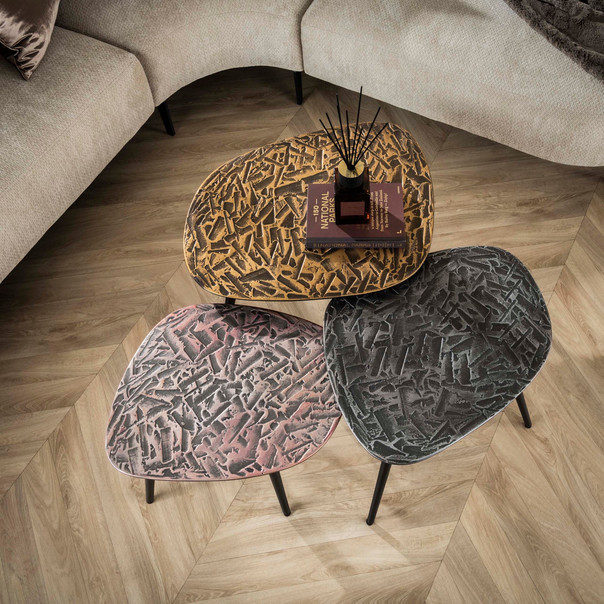 Salontafel Patina vierhoekig set van 3 / Antiek goud/koper/zilver