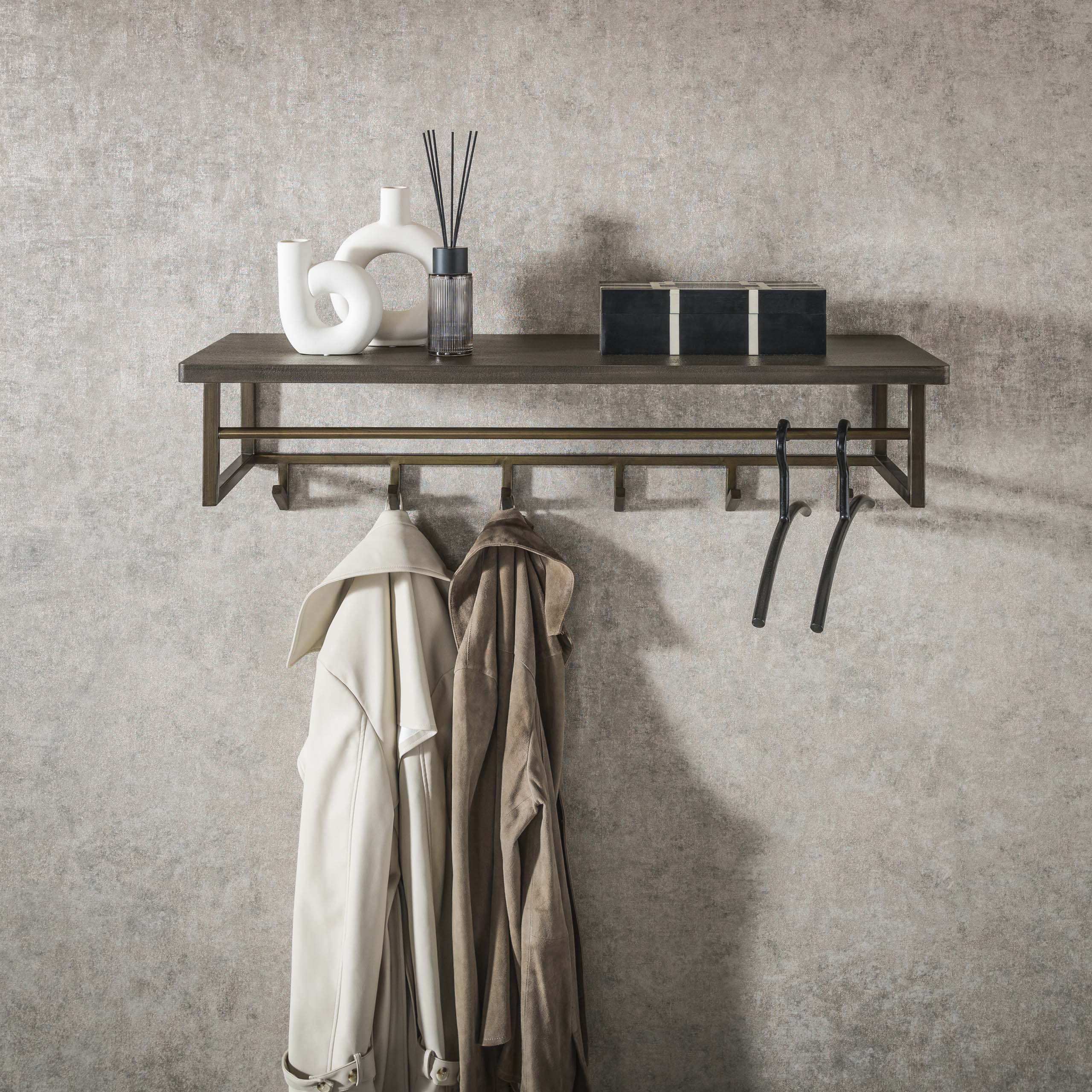 Kapstok Ferro roede en hoedenplank 6 haken / Antiek brons