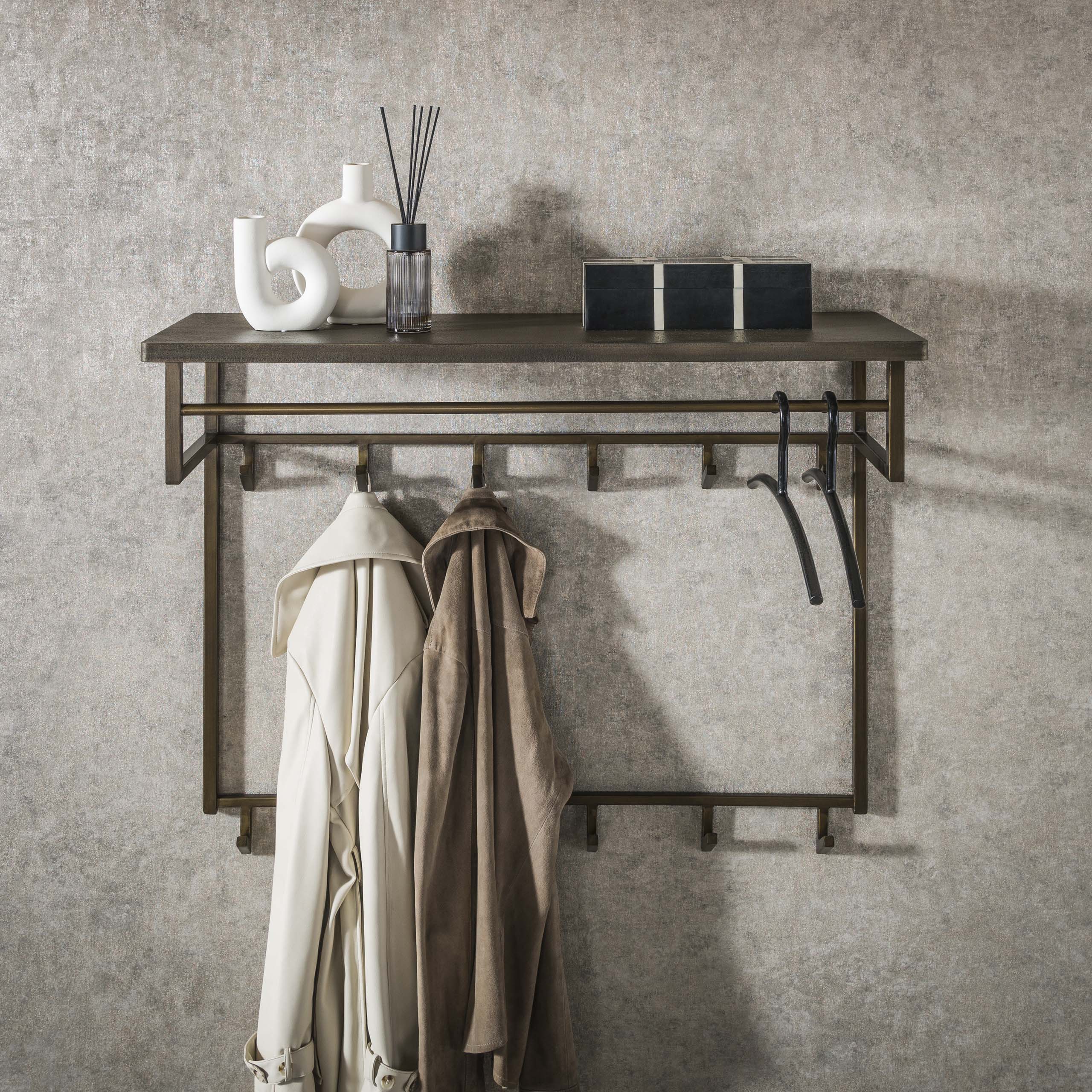 Kapstok Ferro hoog roede en hoedenplank 2x6 haken / Antiek brons