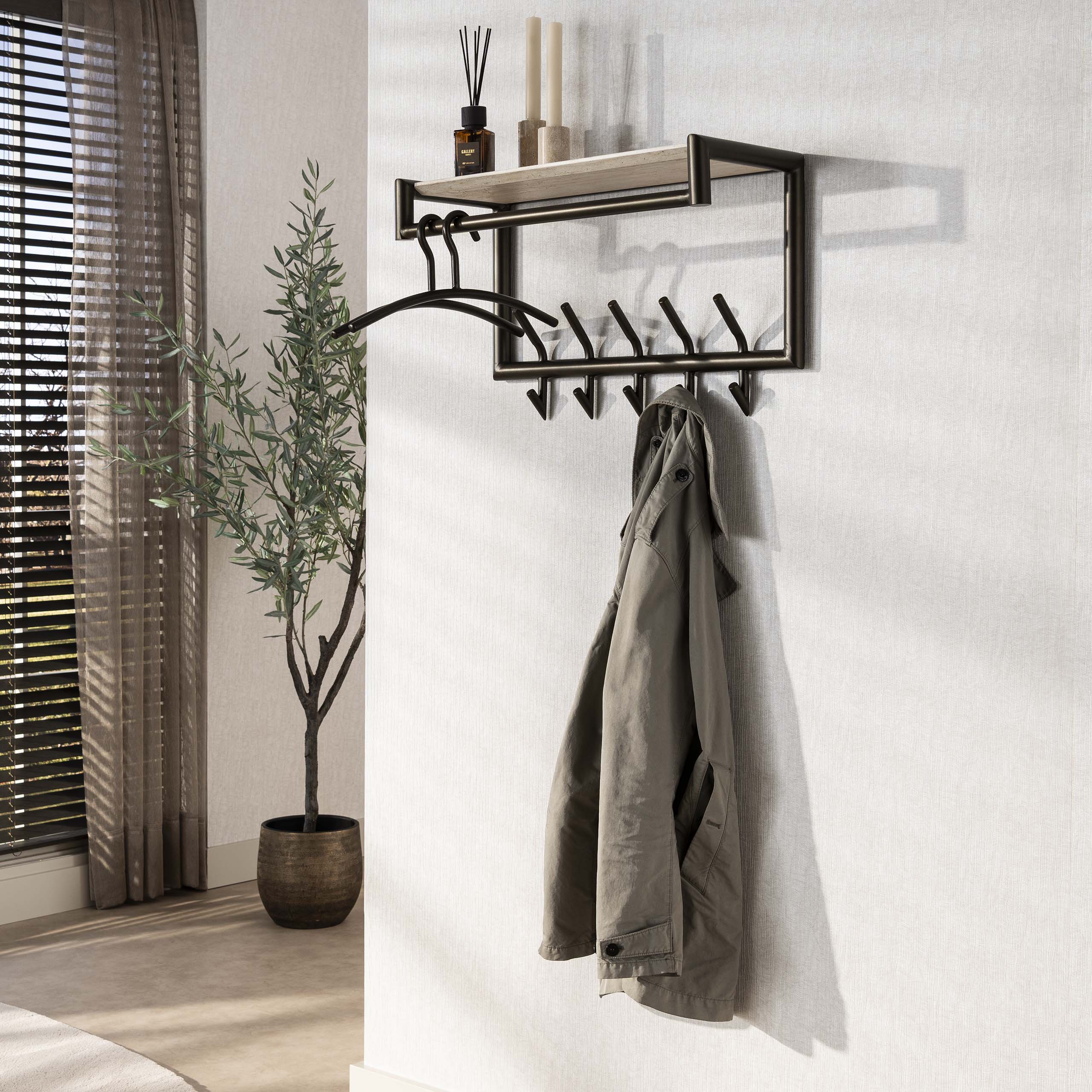 Kapstok Terra Roede En Hoedenplank 2X5 Haken 65Cm Melamine Travertine