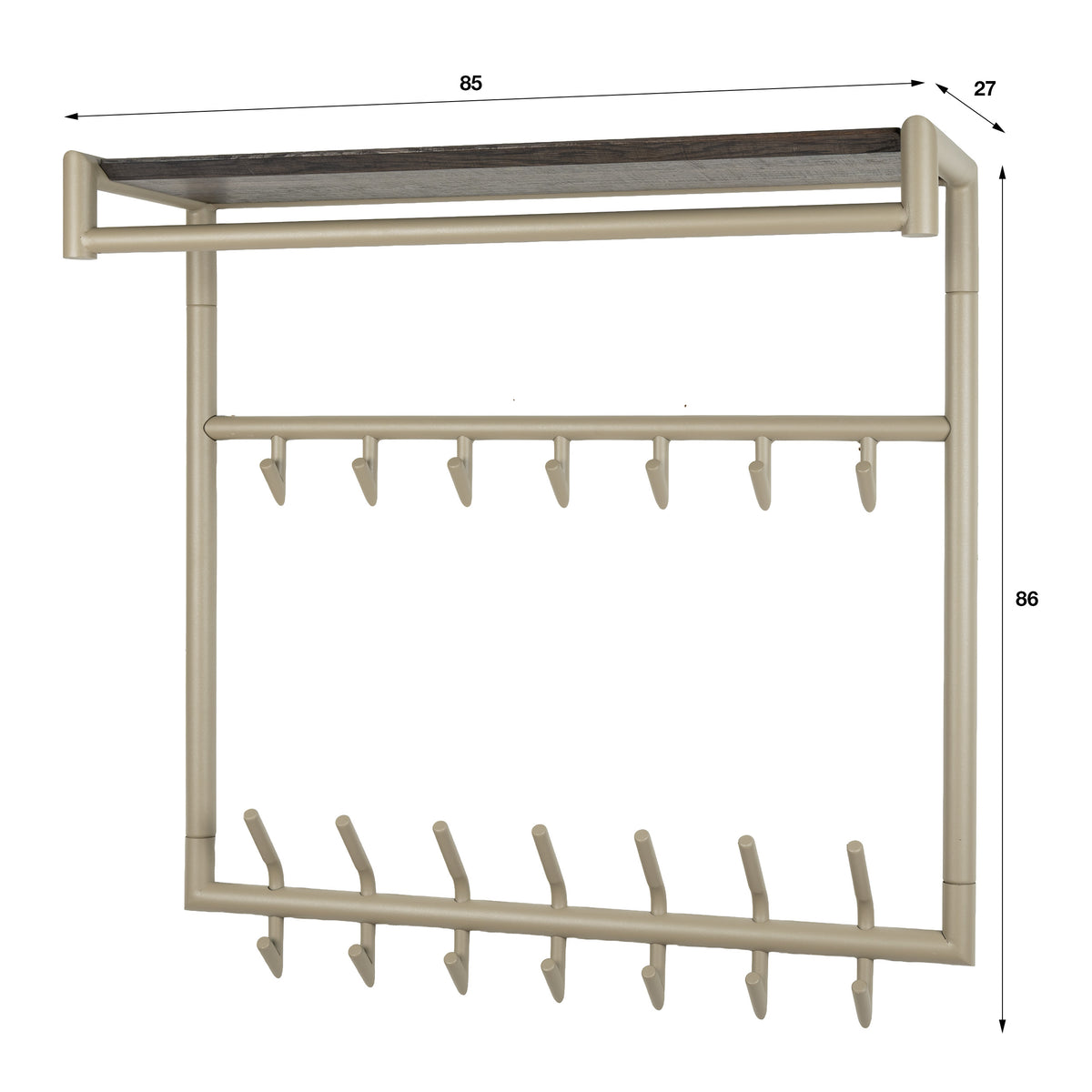 Kapstok Terra hoog roede en hoedenplank 3x7 haken / Beige