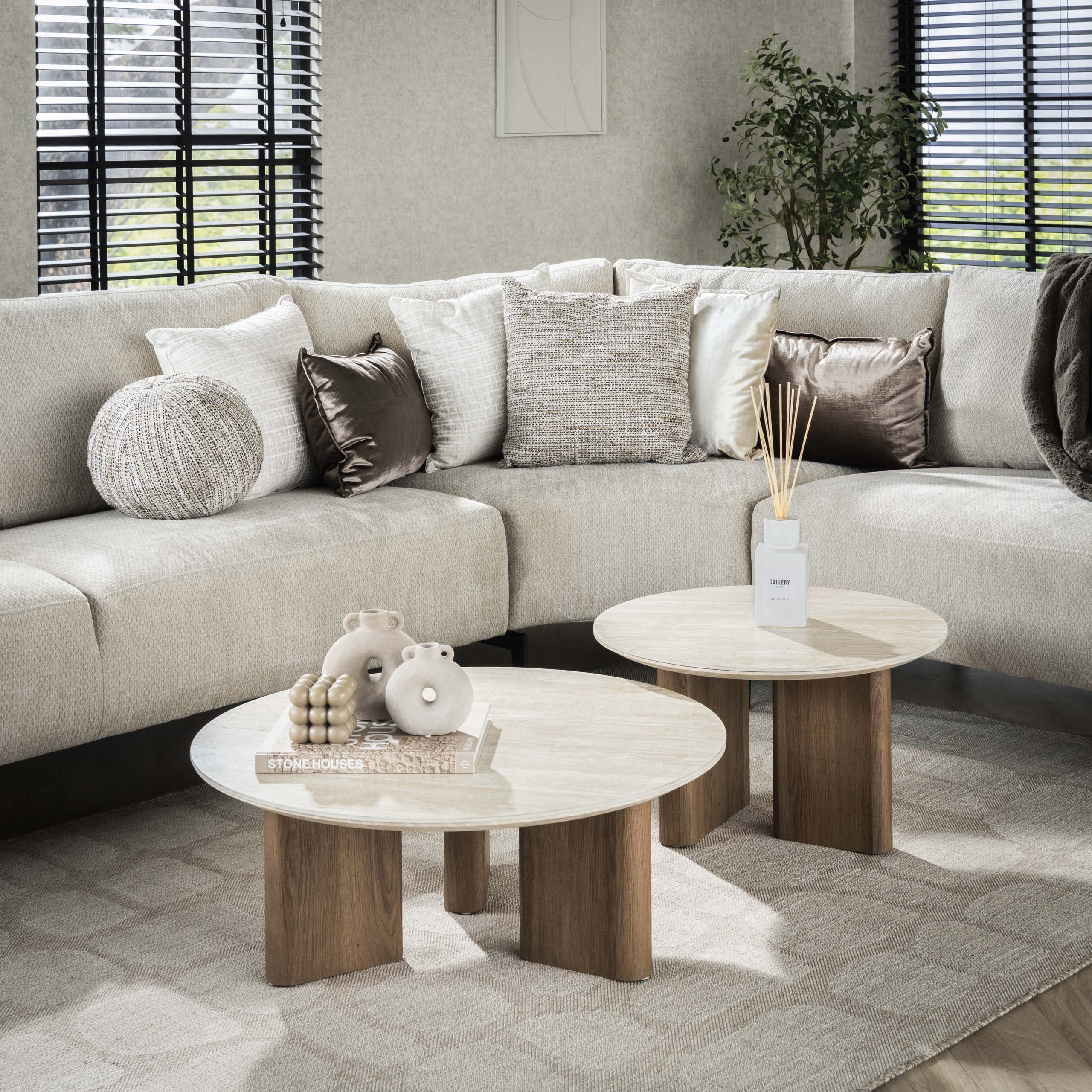 Salontafel Romano rond set van 2 / Keramiek travertin