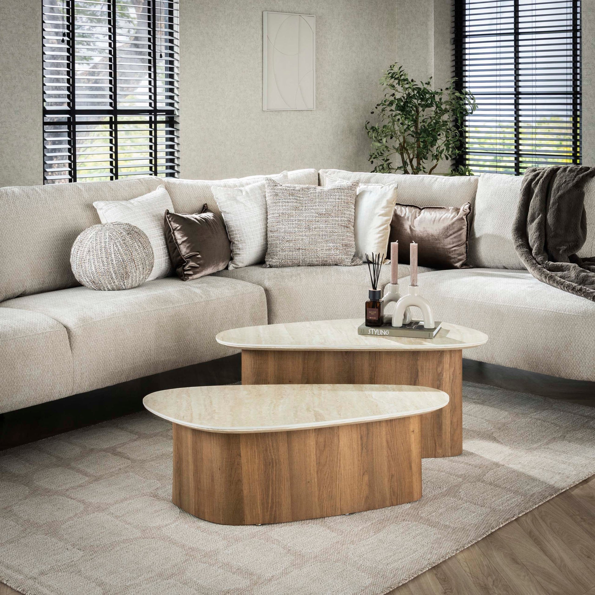 Salontafel Romano driehoekig set van 2 / Keramiek travertin
