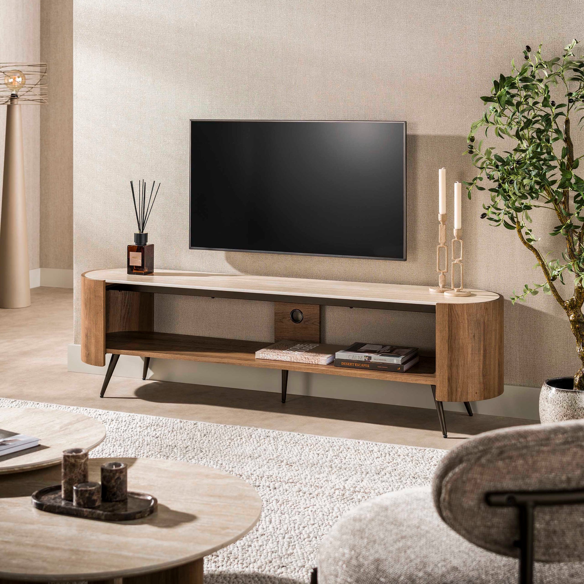 TV-meubel Arcus 180cm / Keramiek travertin