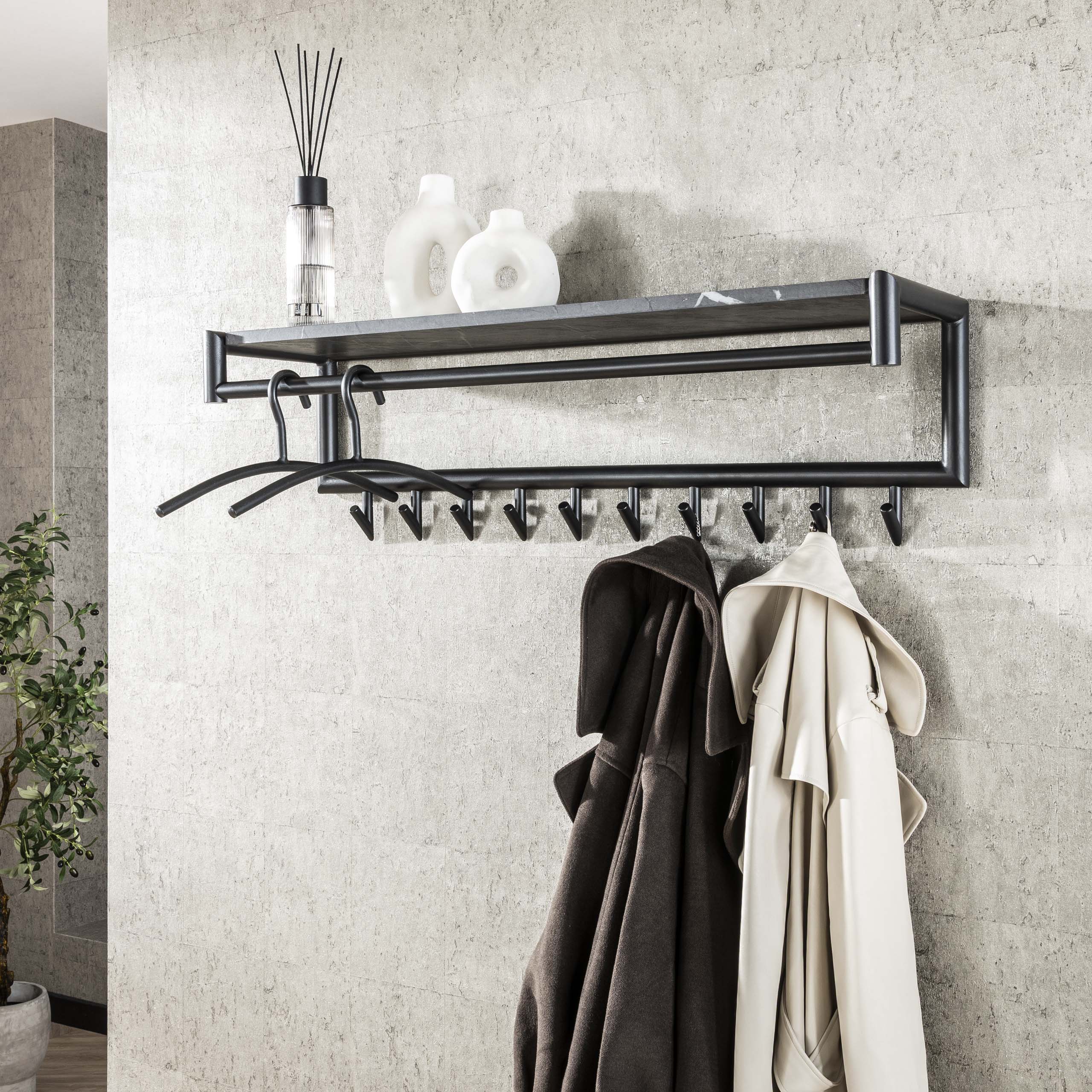 Kapstok Tenaro roede en hoedenplank 10 haken / 3D melamine graphite