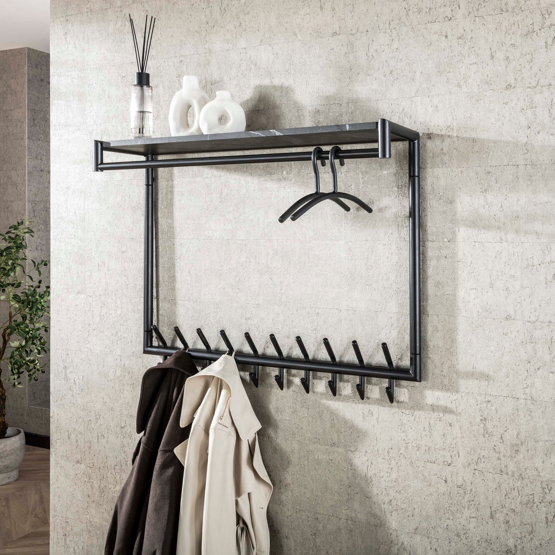 Kapstok Tenaro hoog roede en hoedenplank 2x10 haken / 3D melamine graphite