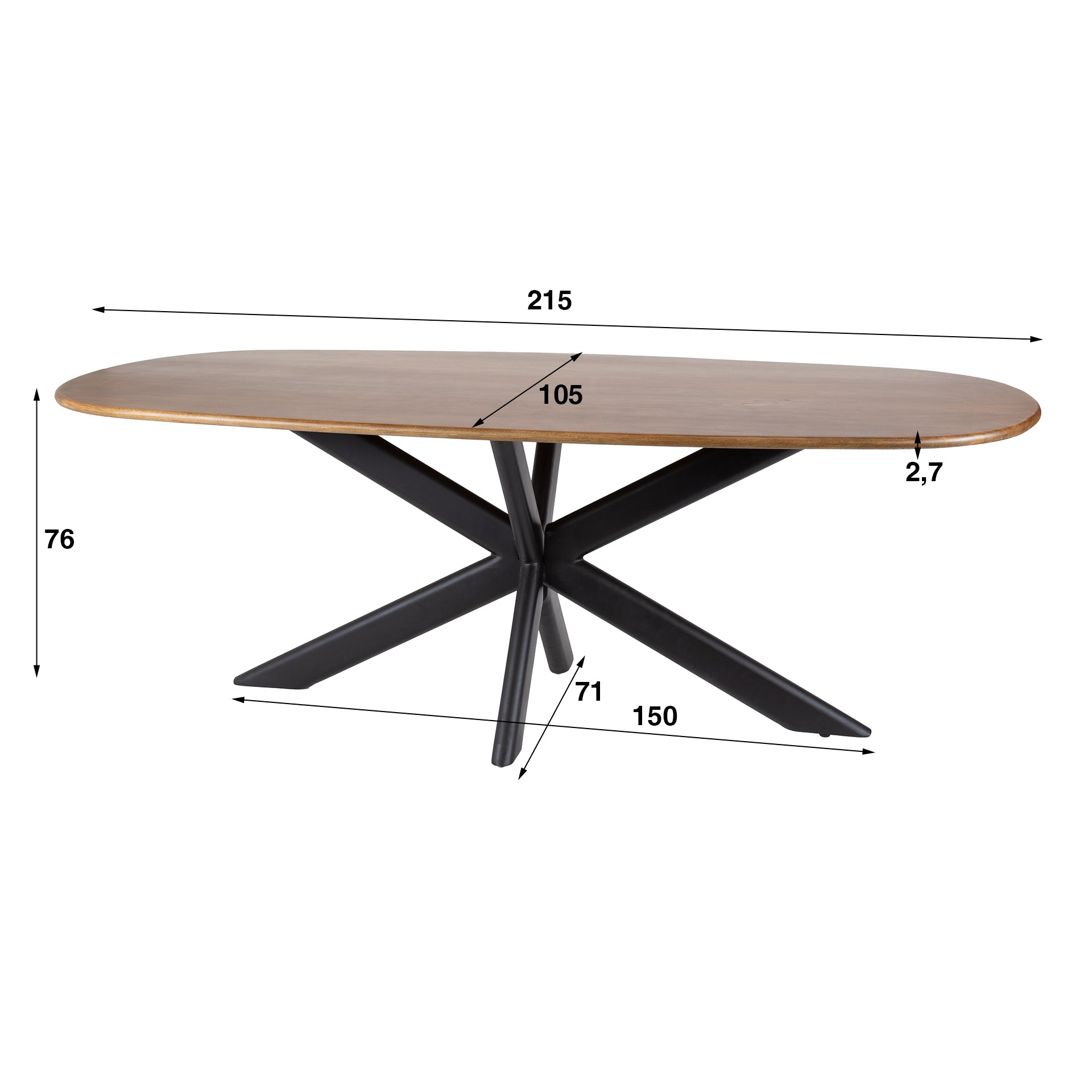 Eettafel Cliff Ovale Buis 215Cm Massief Mango Zand