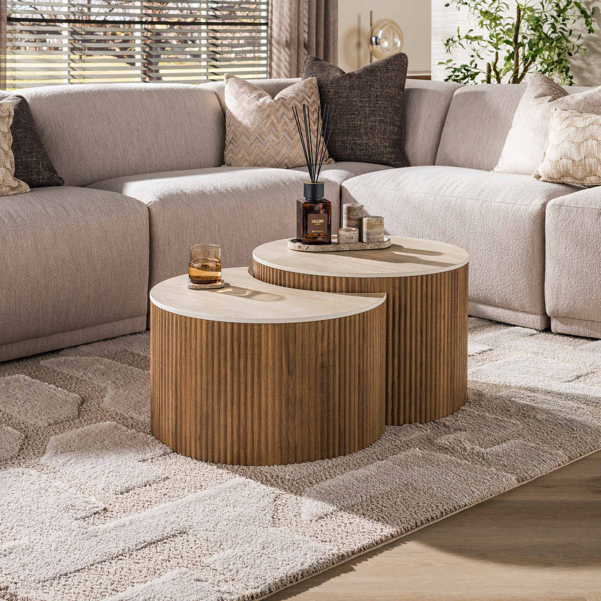 Salontafel Ceramo half rond set van 2 / 3D keramiek travertin