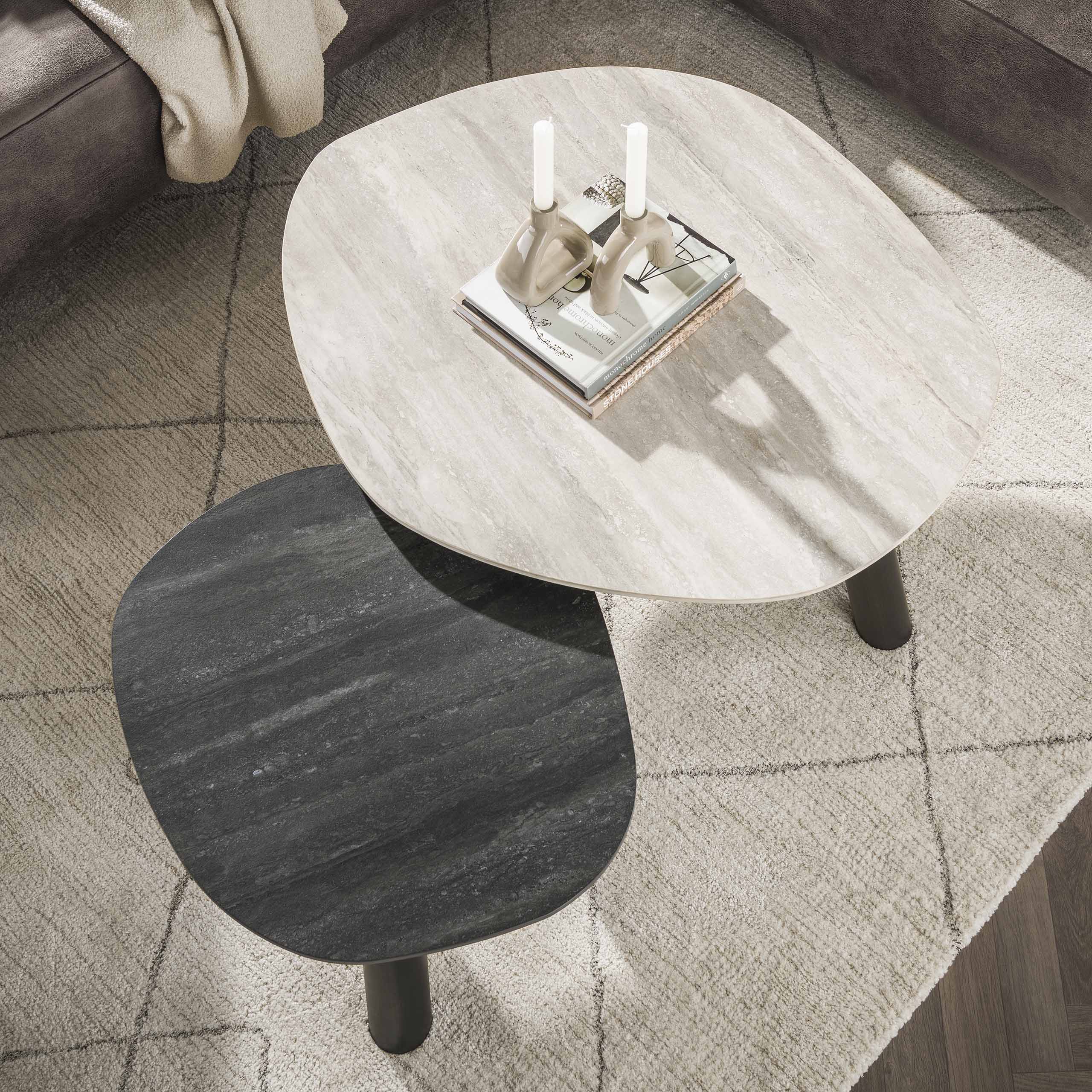 Salontafel Twin Log Set Van 2 3D Keramiek Travertin Zwart Grijs
