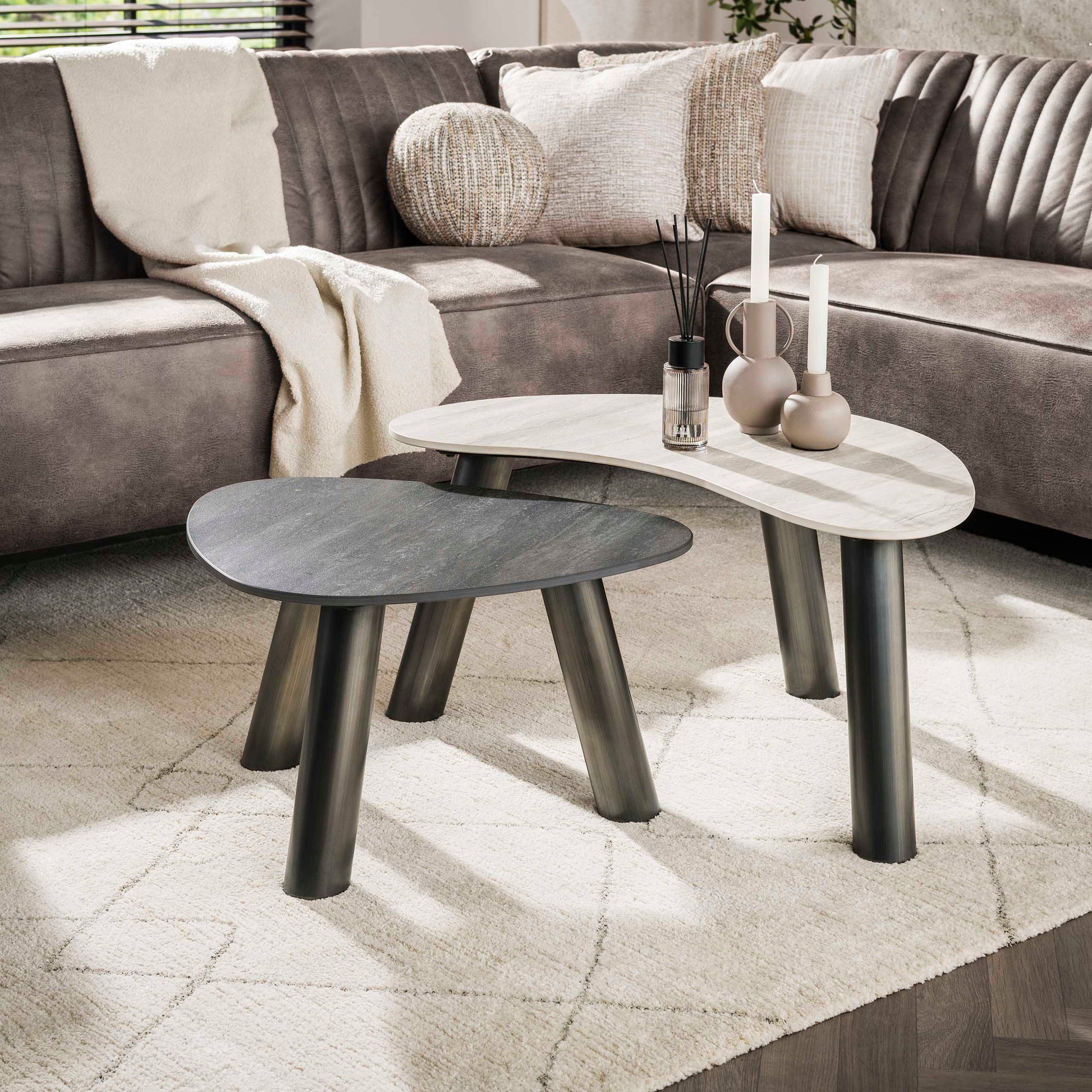 Salontafel Twin organisch set van 2 / 3D keramiek travertin zwart/grijs