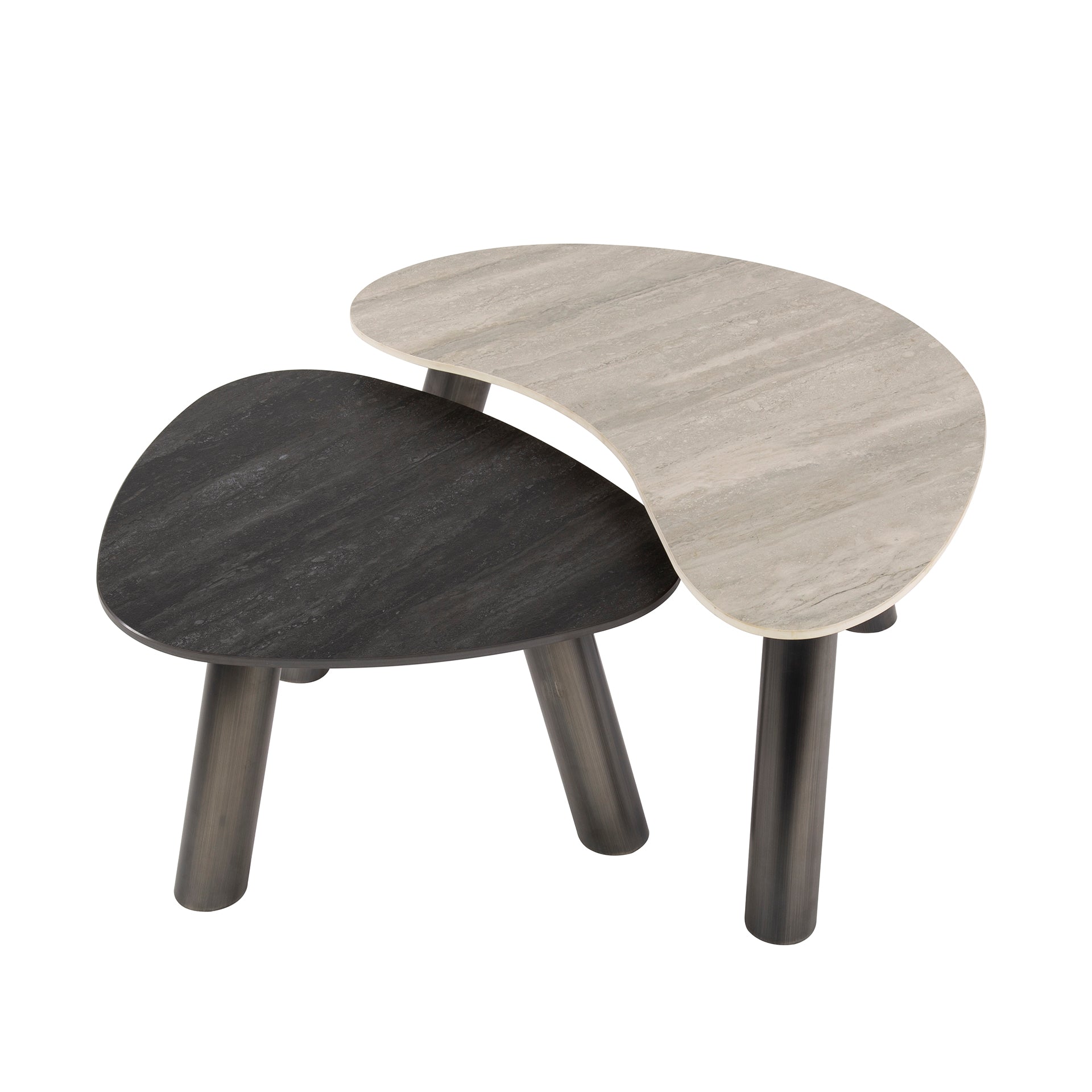 Salontafel Twin Organisch Set Van 2 3D Keramiek Travertin Zwart Grijs