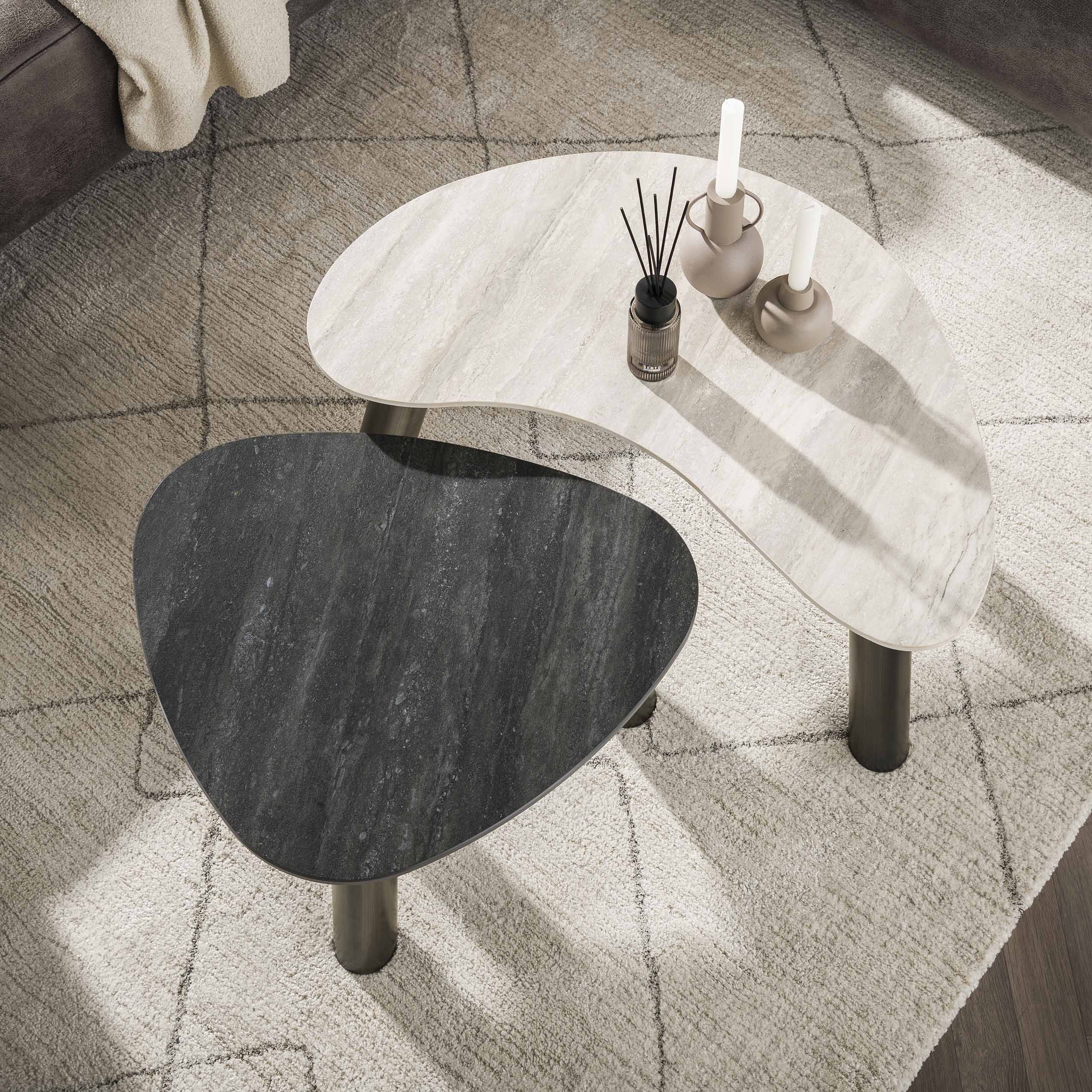 Salontafel Twin Organisch Set Van 2 3D Keramiek Travertin Zwart Grijs