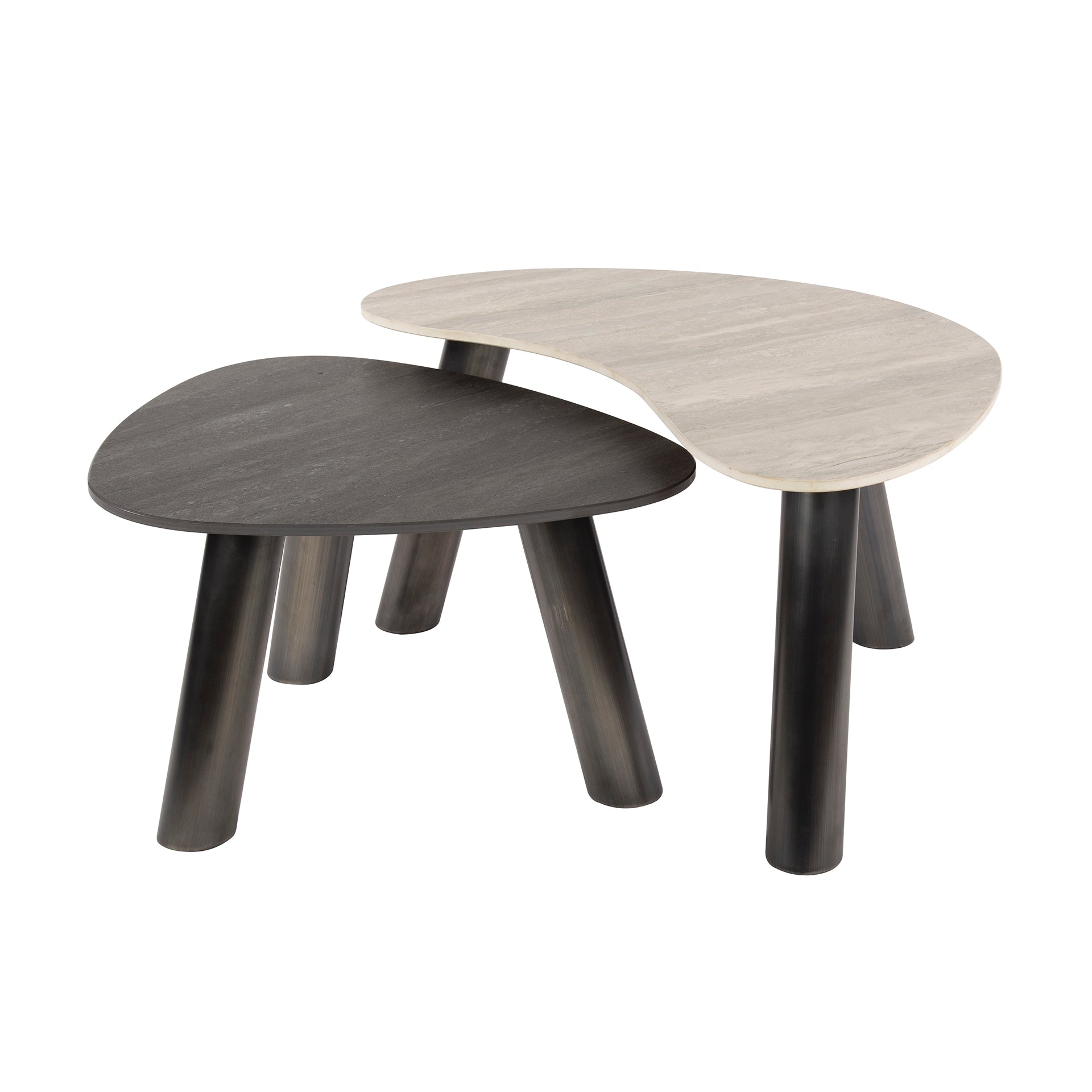 Salontafel Twin Organisch Set Van 2 3D Keramiek Travertin Zwart Grijs