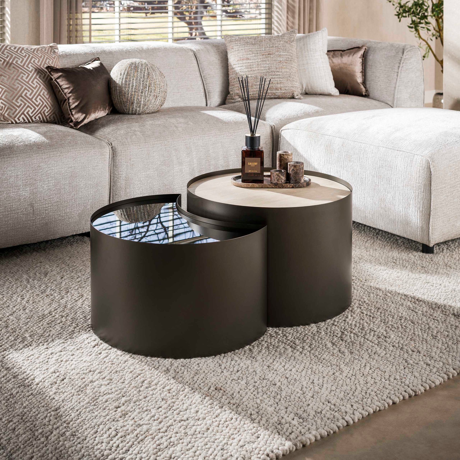 Salontafel Metal half moon set van 2 / 3D keramiek travertin