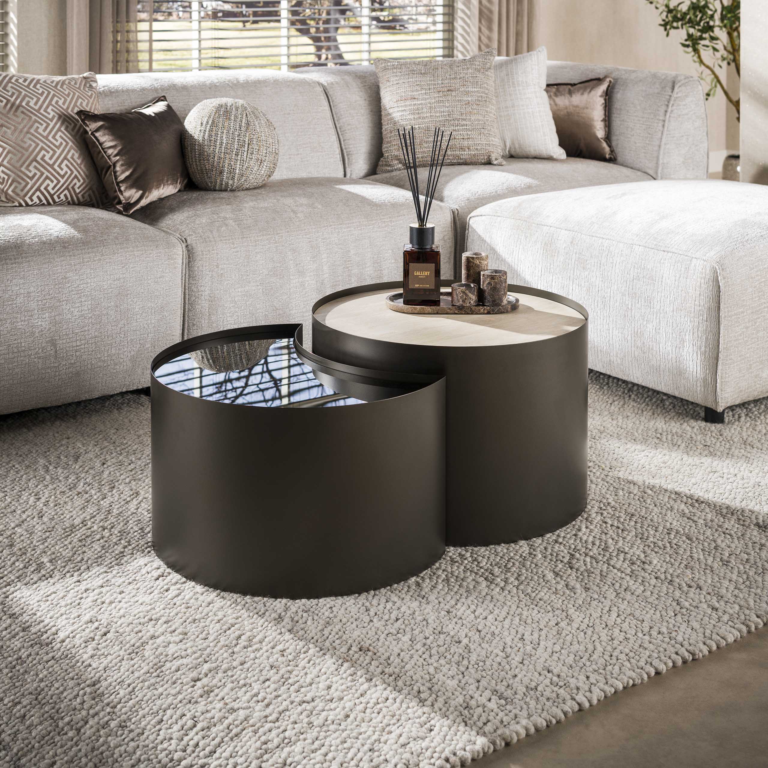 Salontafel Metal half moon set van 2 / 3D keramiek travertin