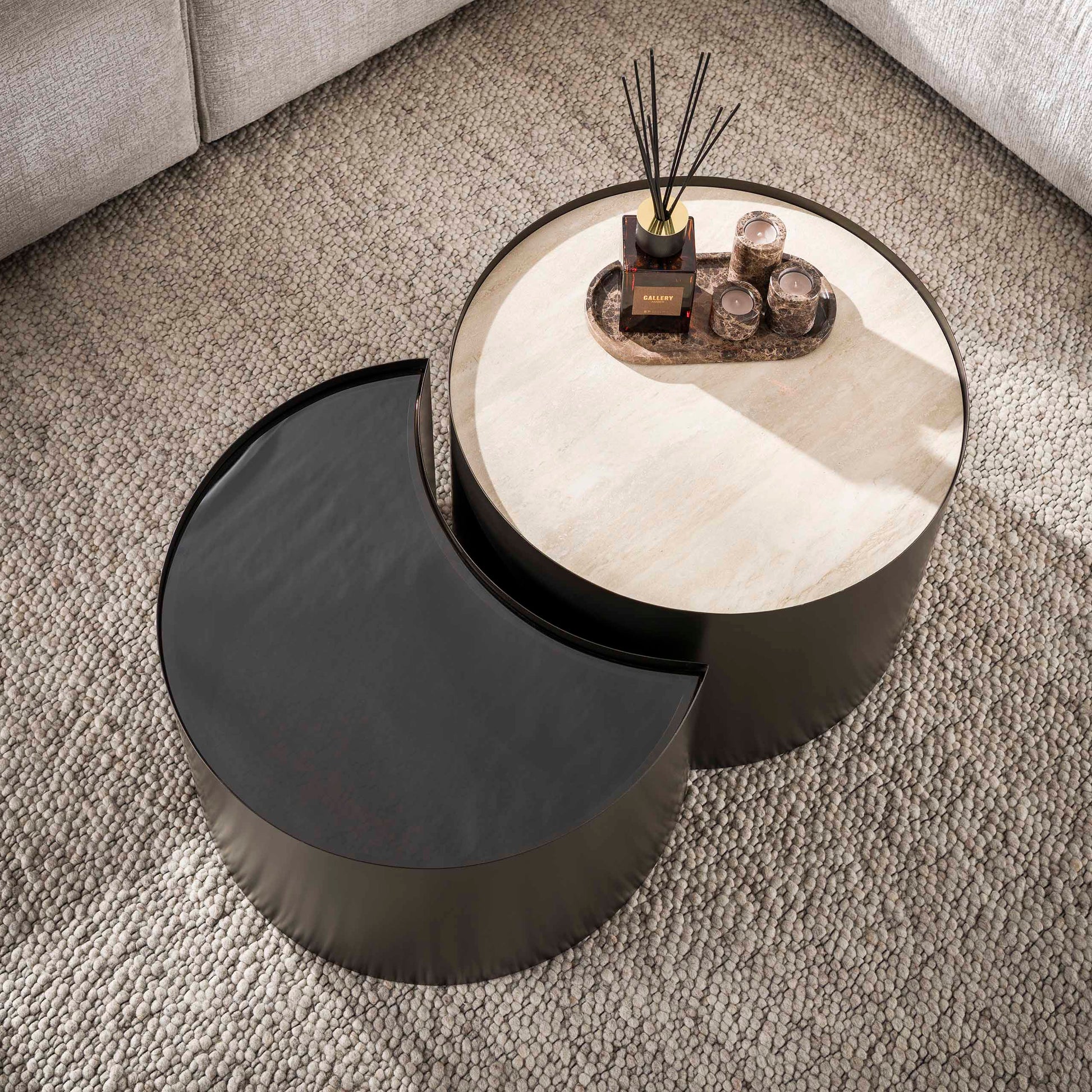 Salontafel Metal half moon set van 2 / 3D keramiek travertin