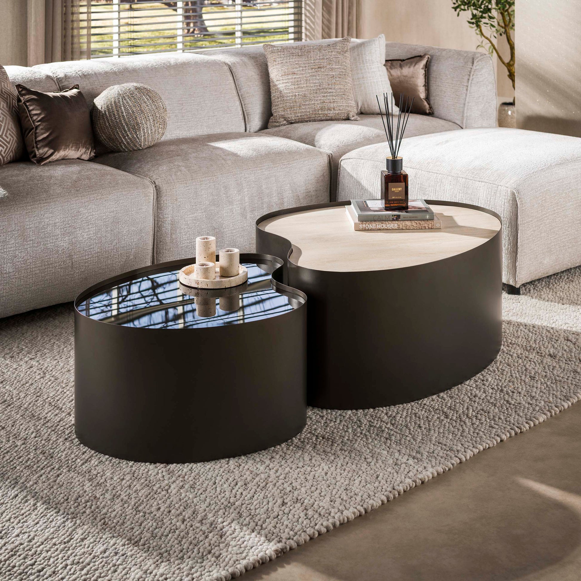 Salontafel Metal organisch set van 2 / 3D keramiek travertin
