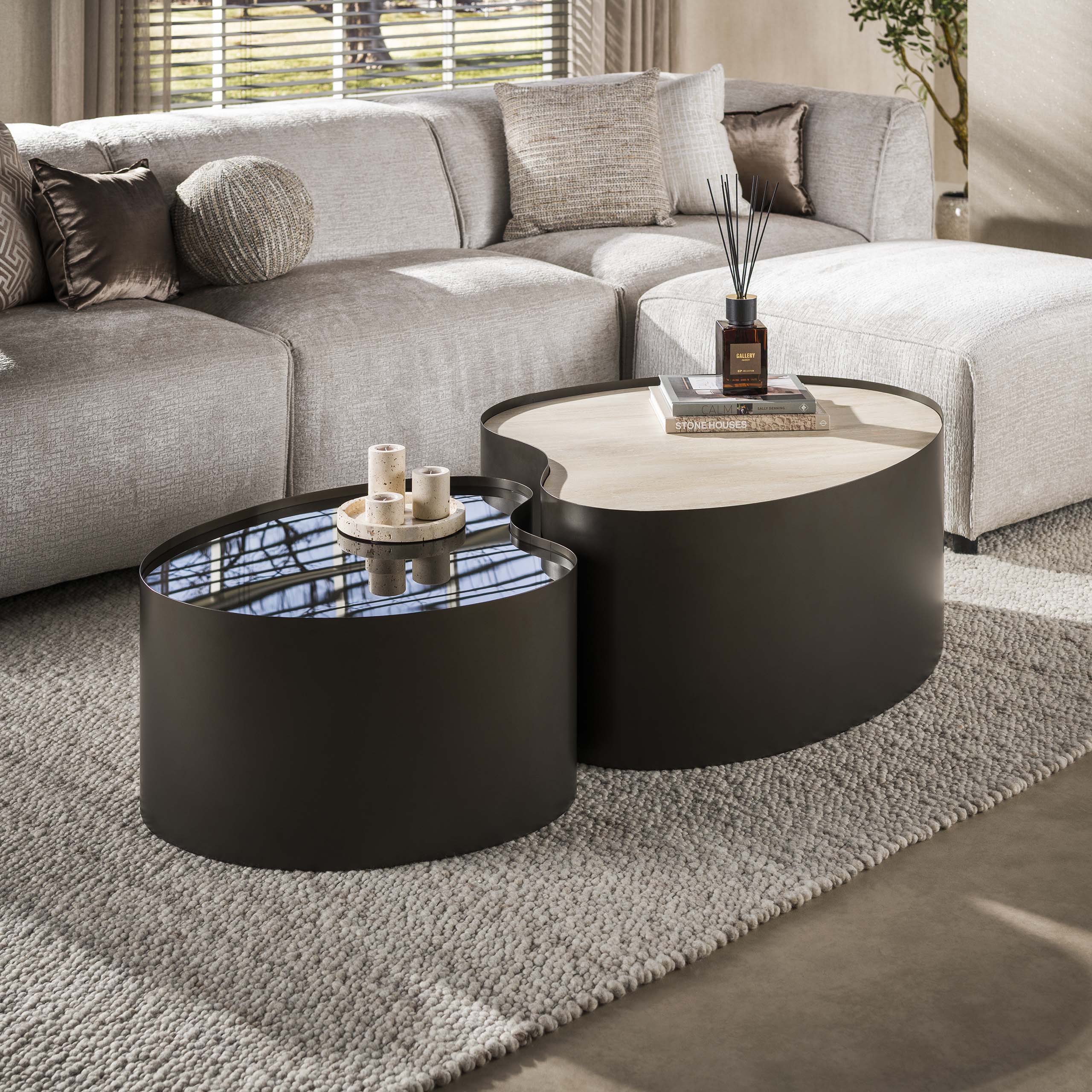 Salontafel Metal organisch set van 2 / 3D keramiek travertin