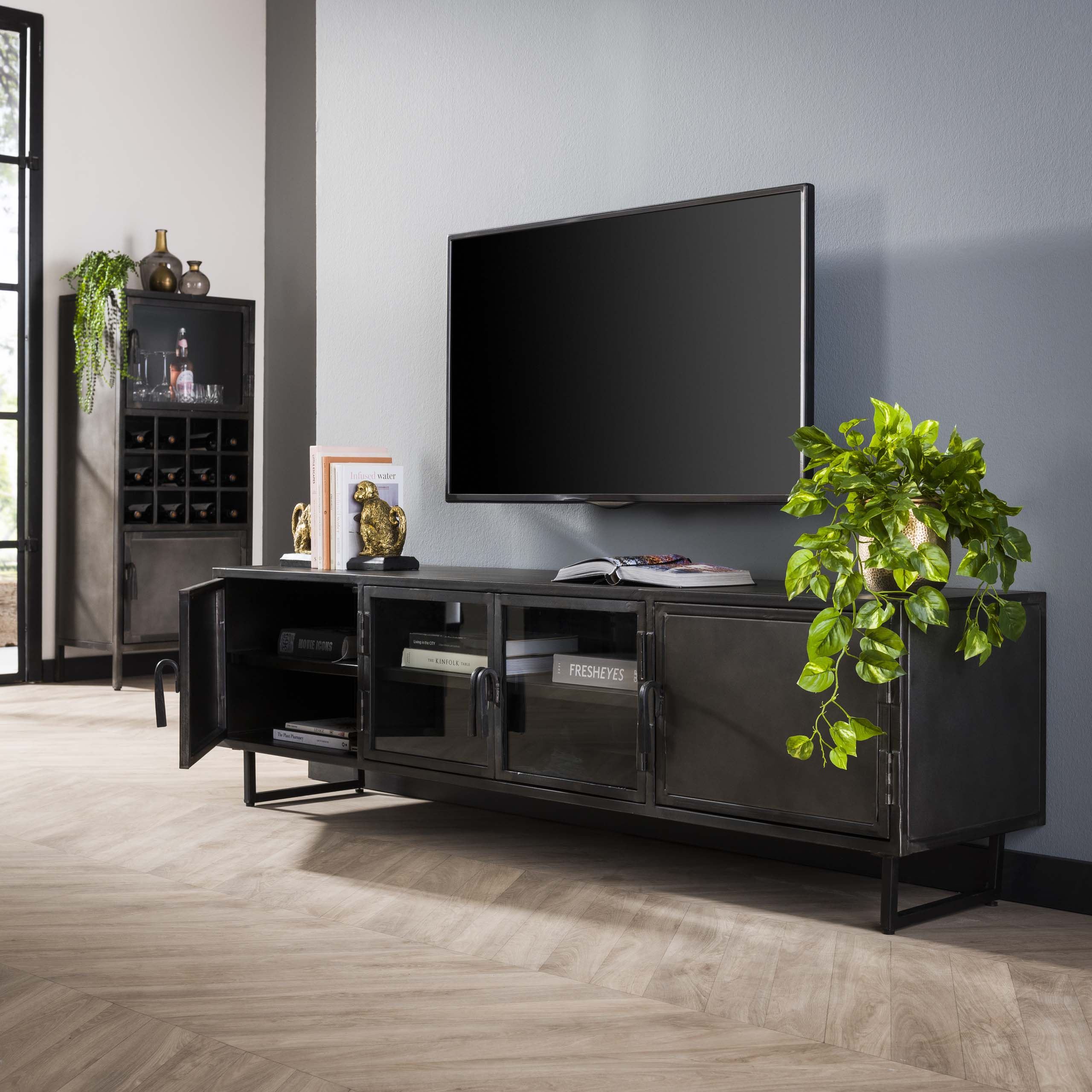 Tv Meubel Rift Metal 4 Deuren Gunmetal