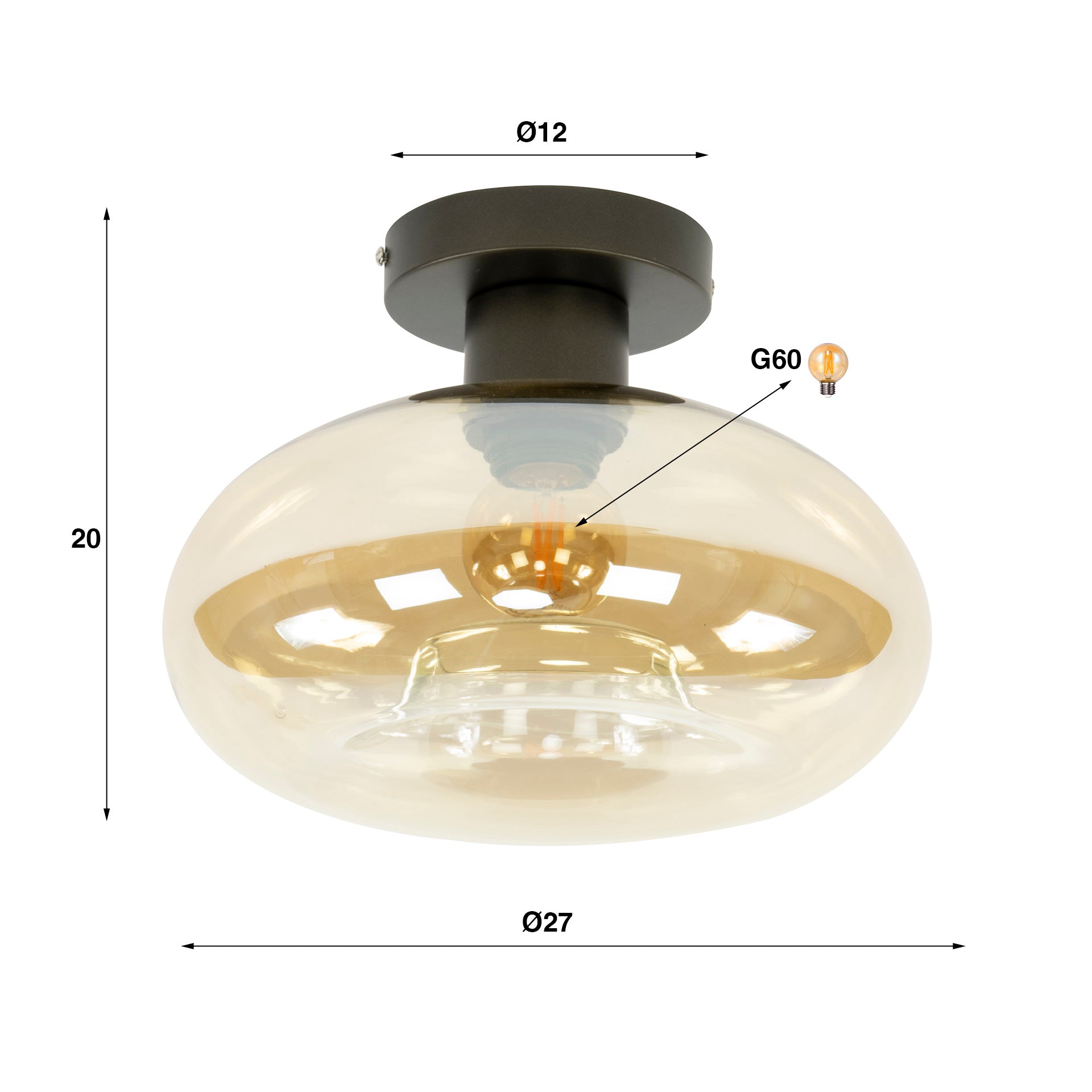 Plafondlamp Soll 1 Lichts Amber Glas