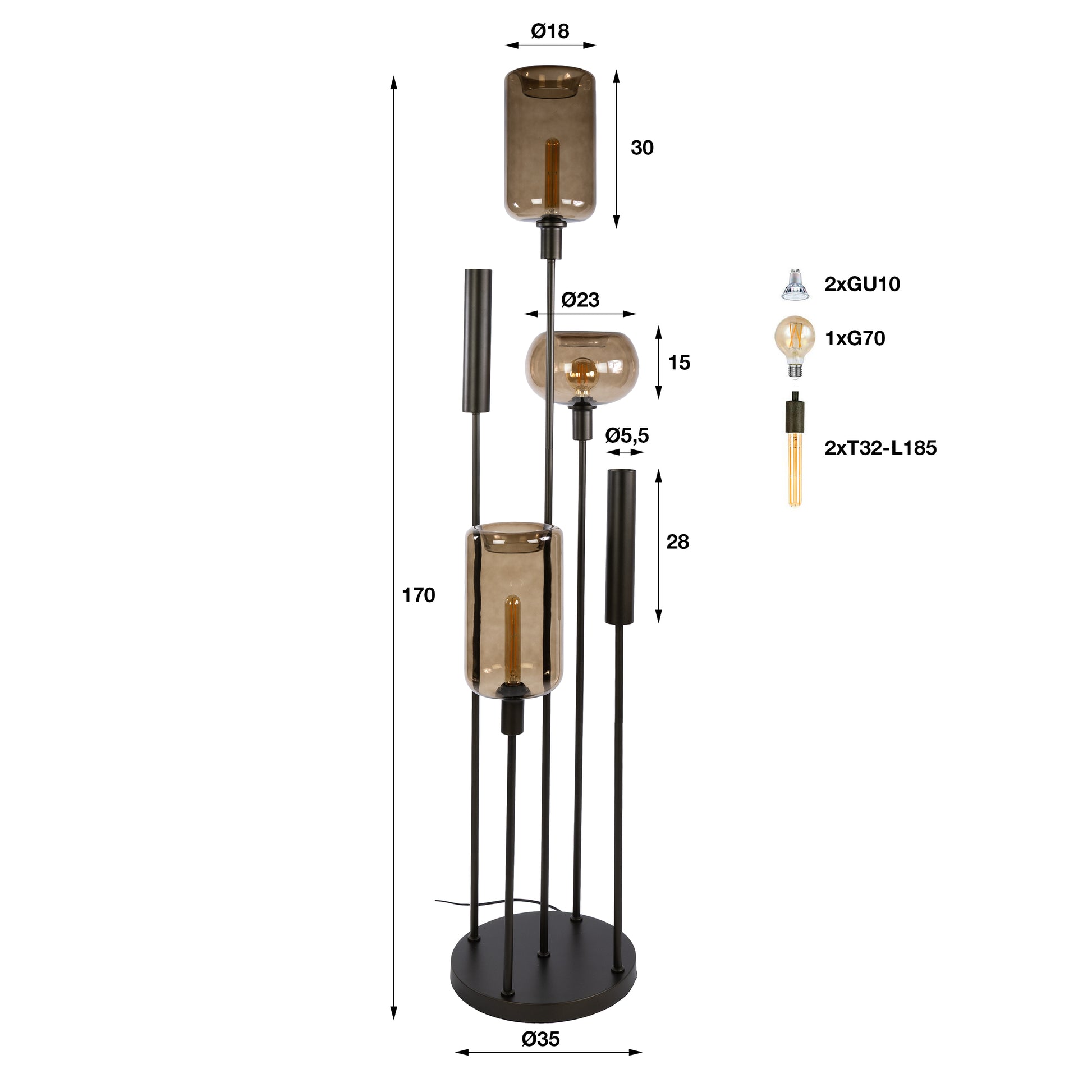 Vloerlamp Serene switch getrapt 2+3-lichts / Sienna bruin