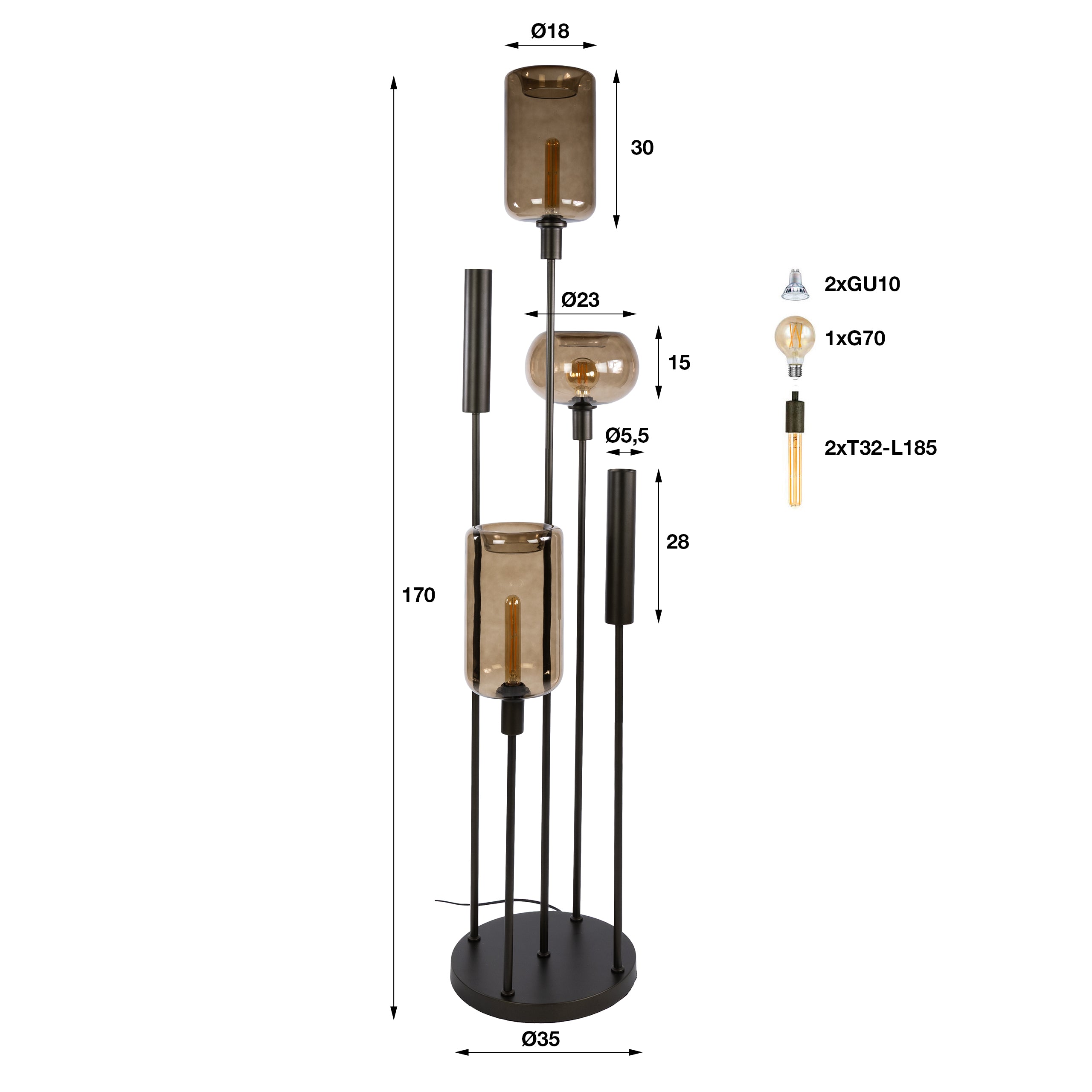 Vloerlamp Serene switch getrapt 2+3-lichts / Sienna bruin