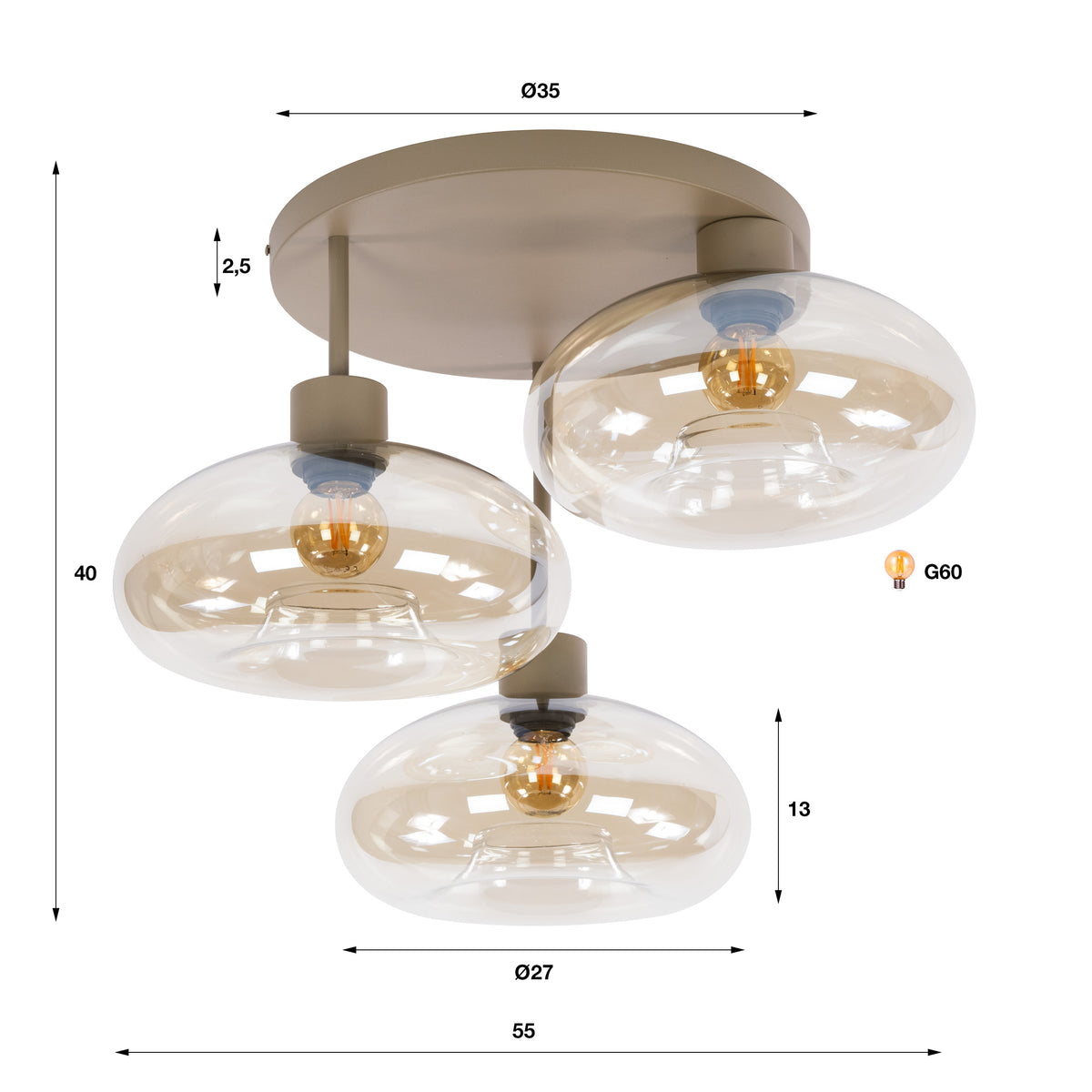 Plafondlamp Serene 3-lichts / Beige