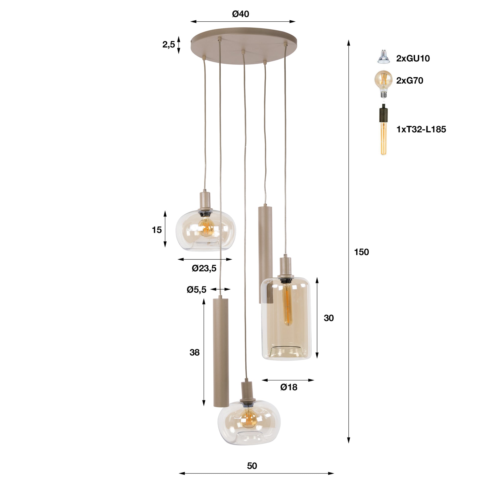 Hanglamp Serene getrapt 5-lichts / Beige